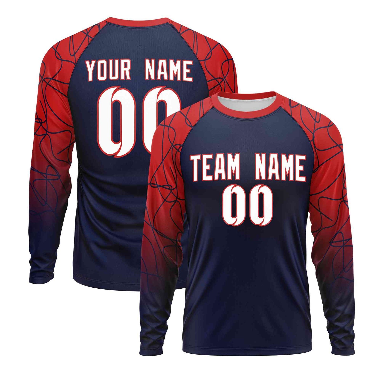 Custom Navy Red Tangled Lines Pattern Raglan Long Sleeve Performance T-Shirt