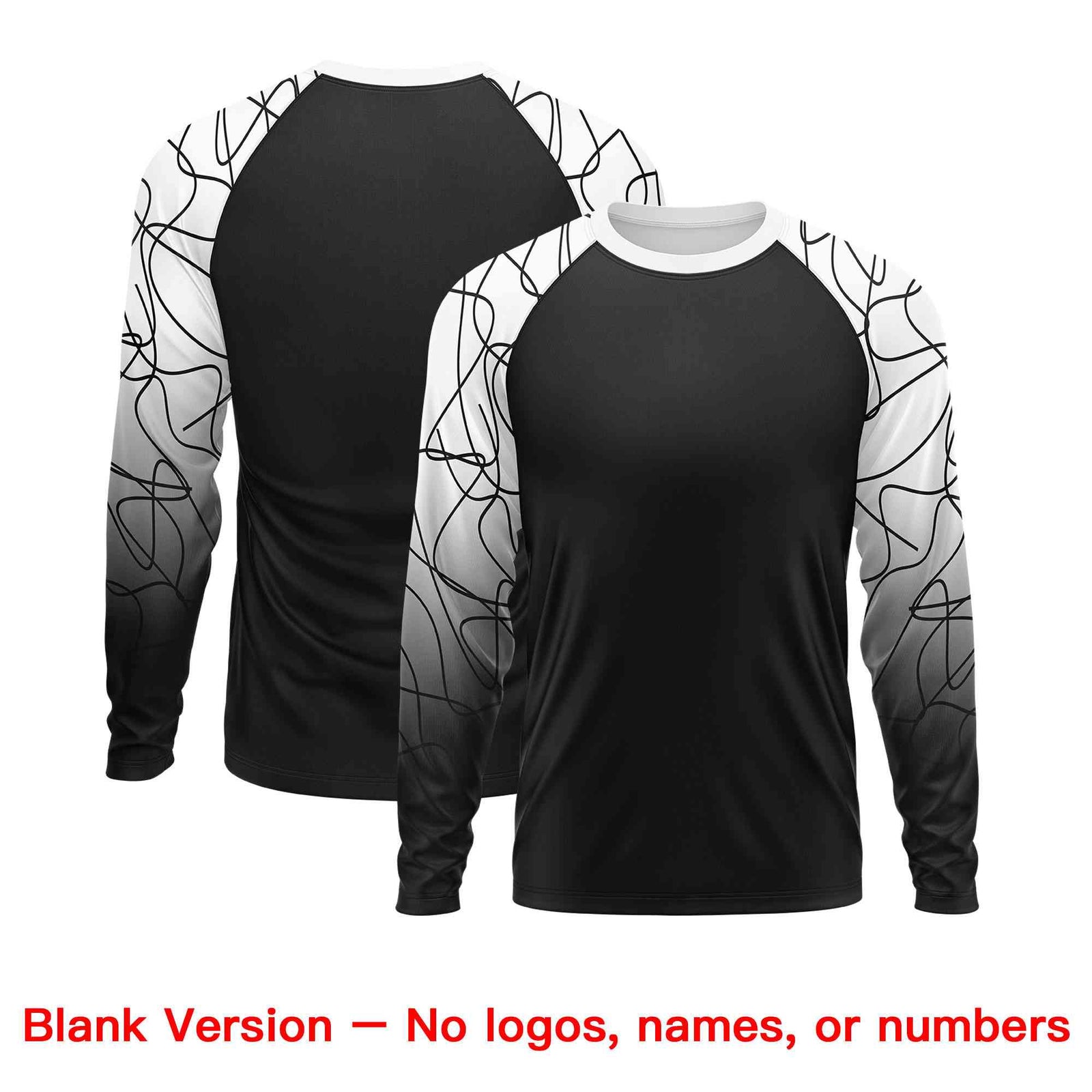 Custom Black White Tangled Lines Pattern Raglan Long Sleeve Performance T-Shirt