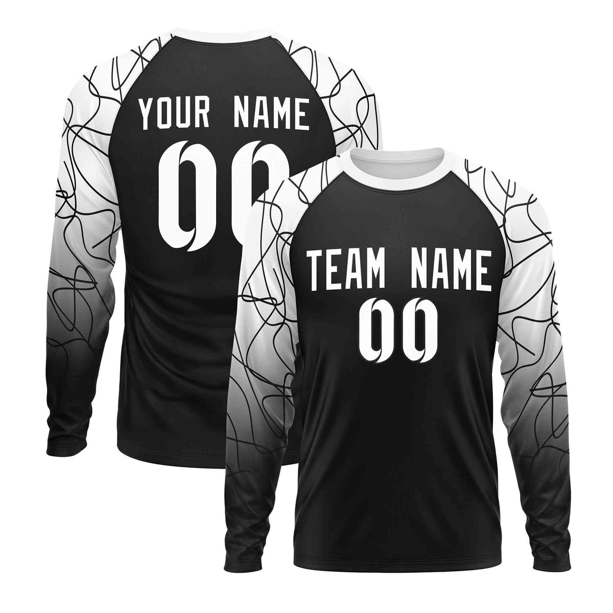 Custom Black White Tangled Lines Pattern Raglan Long Sleeve Performance T-Shirt