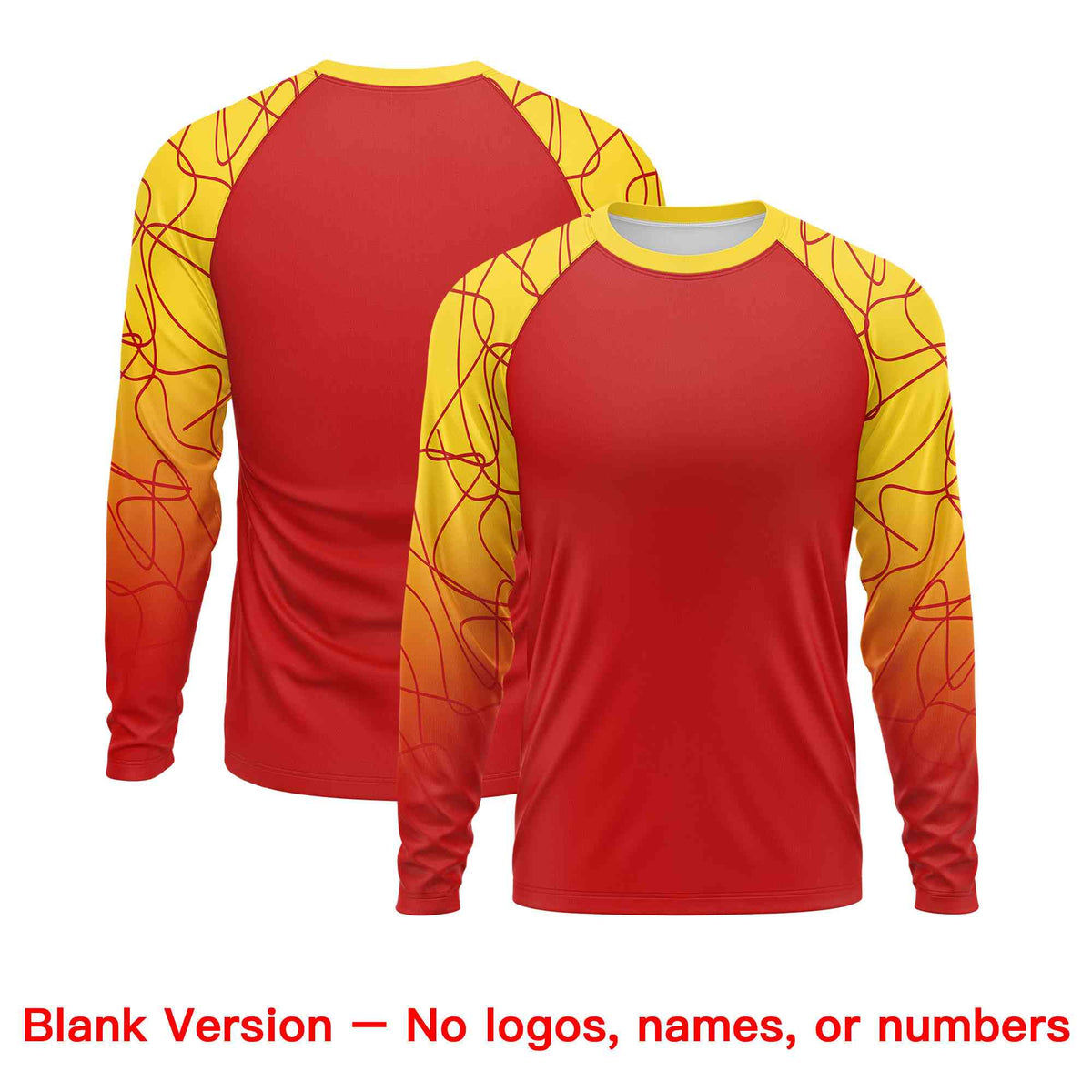Custom Red Gold Tangled Lines Pattern Raglan Long Sleeve Performance T-Shirt