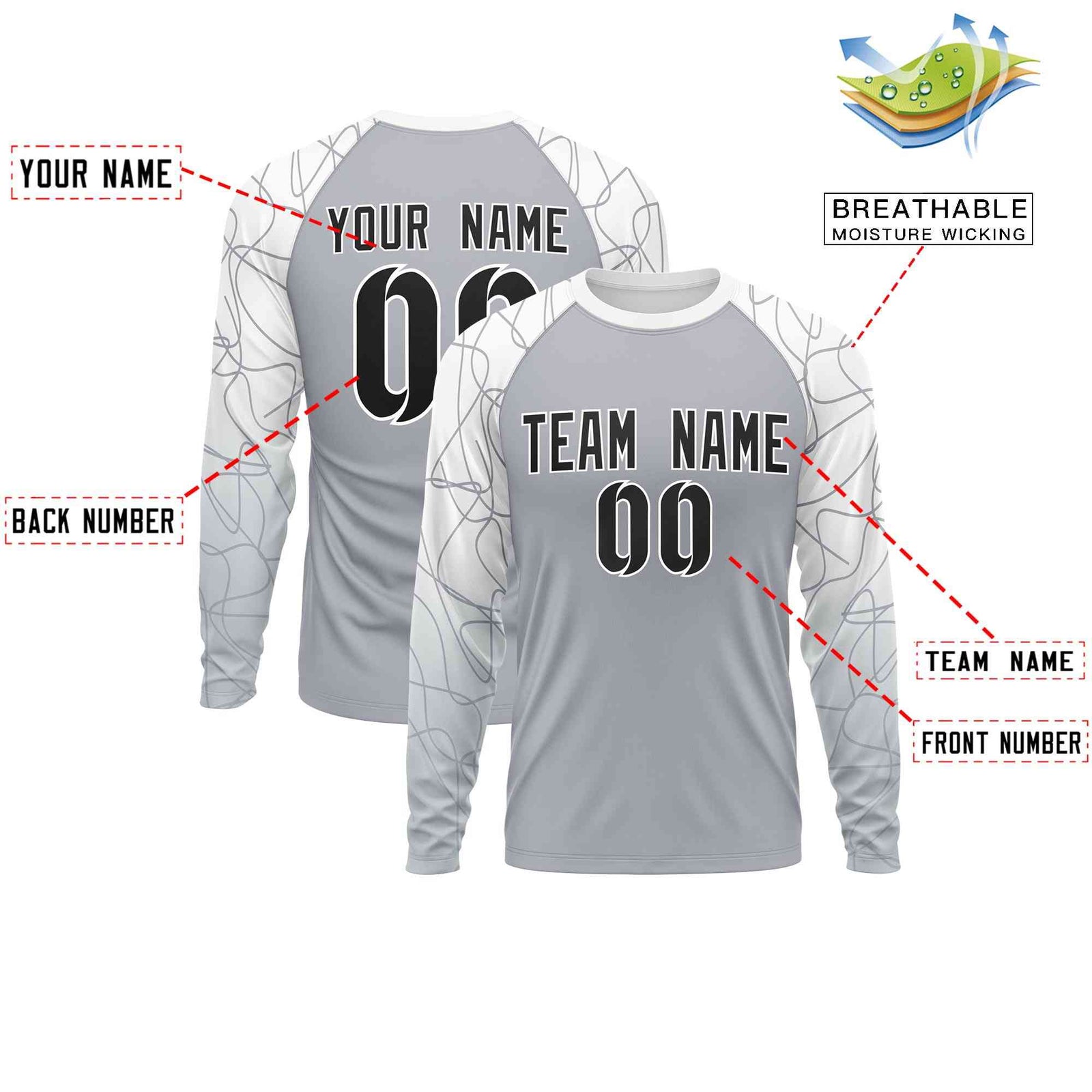 Custom Silver White Tangled Lines Pattern Raglan Long Sleeve Performance T-Shirt