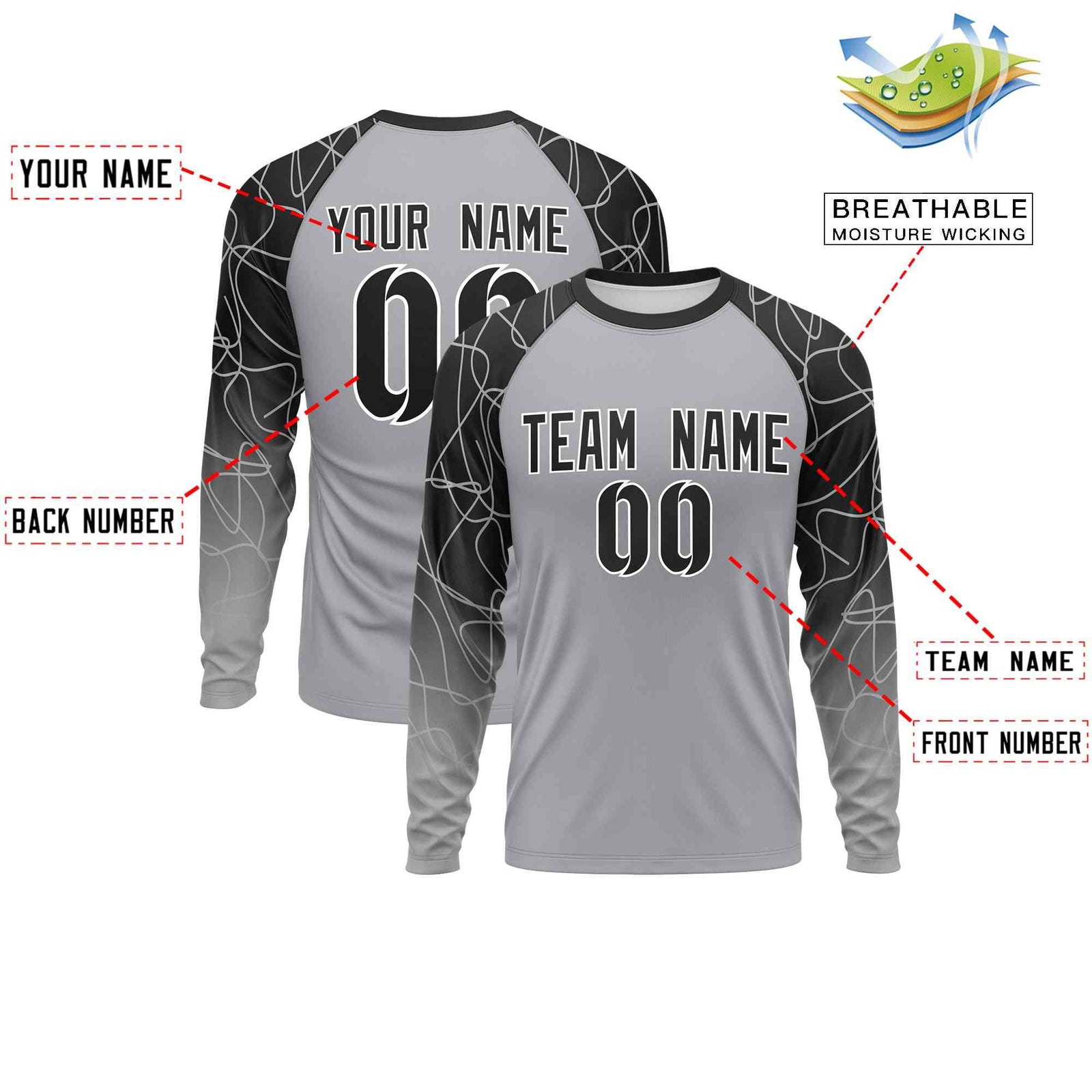 Custom Black Silver Tangled Lines Pattern Raglan Long Sleeve Performance T-Shirt