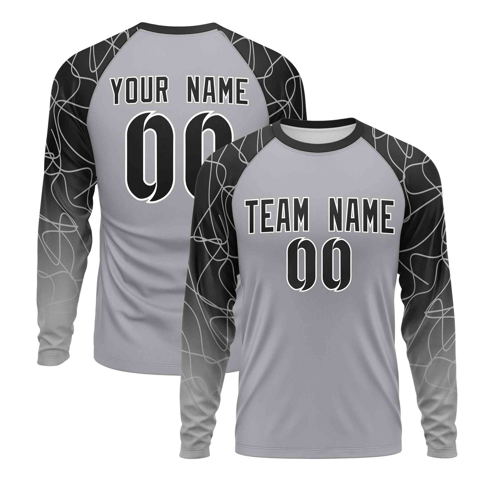 Custom Black Silver Tangled Lines Pattern Raglan Long Sleeve Performance T-Shirt