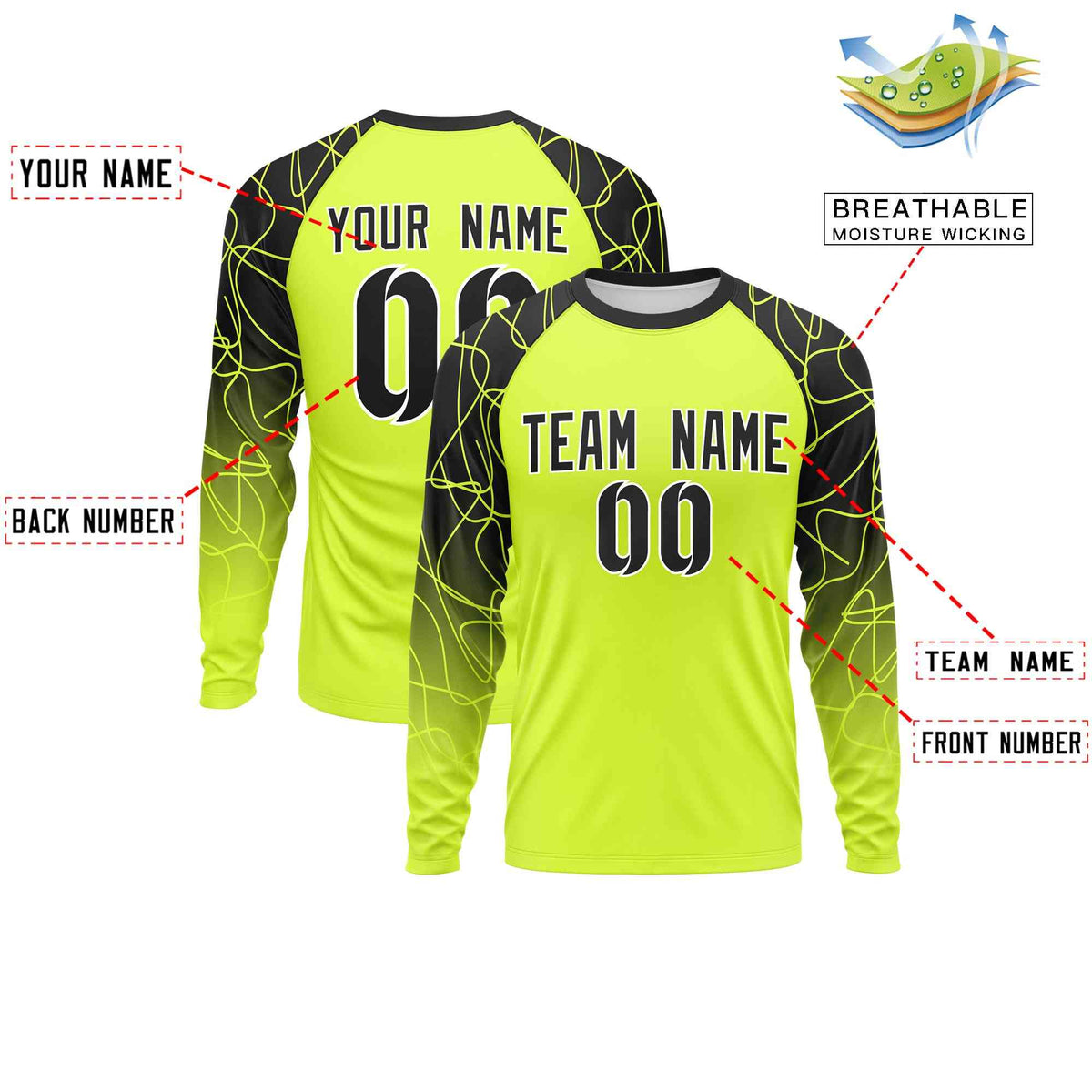 Custom Fluorescent Green Black Tangled Lines Pattern Raglan Long Sleeve Performance T-Shirt