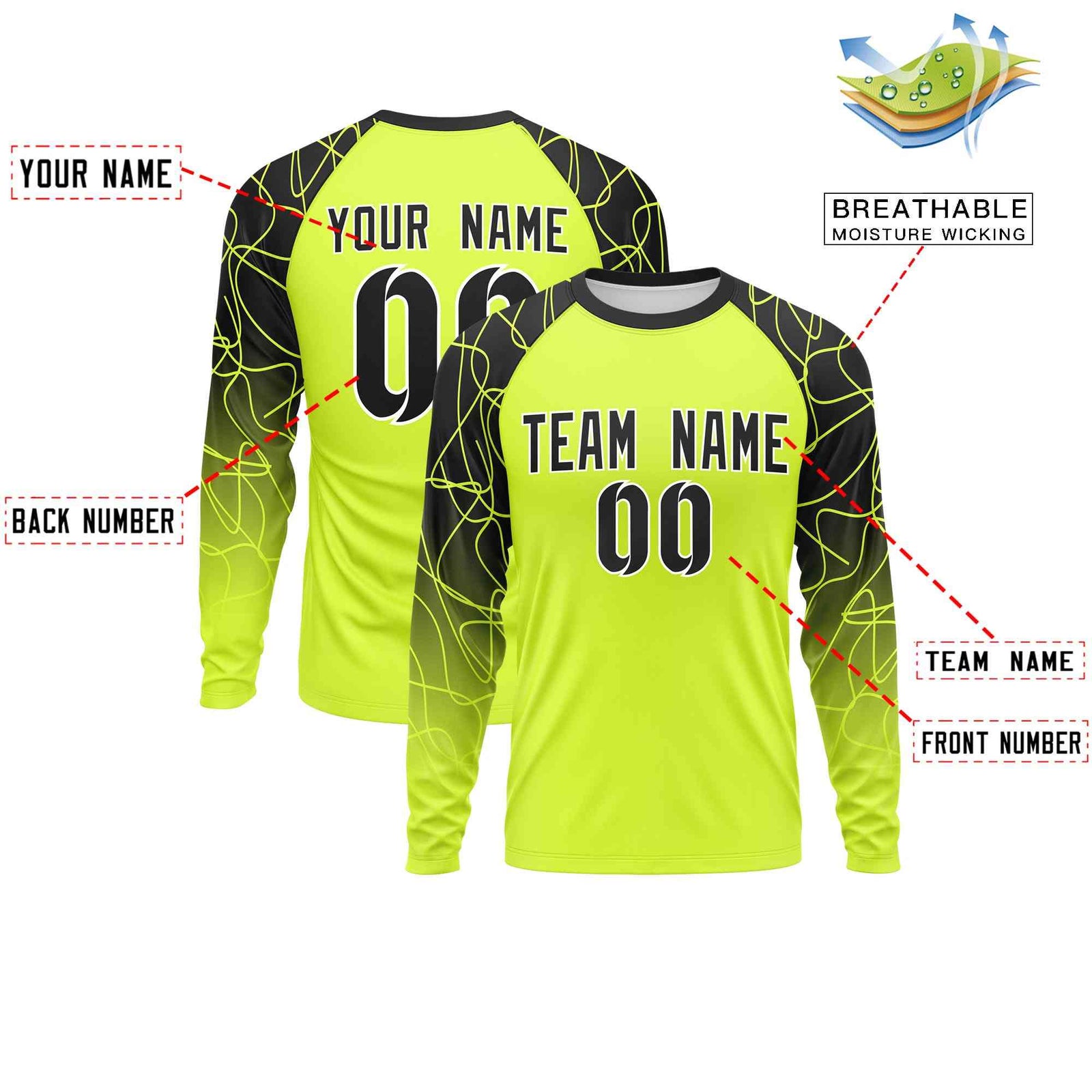 Custom Fluorescent Green Black Tangled Lines Pattern Raglan Long Sleeve Performance T-Shirt