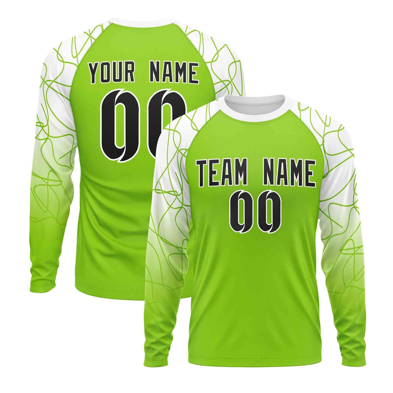 Custom Neon Green White Tangled Lines Pattern Raglan Long Sleeve Performance T-Shirt
