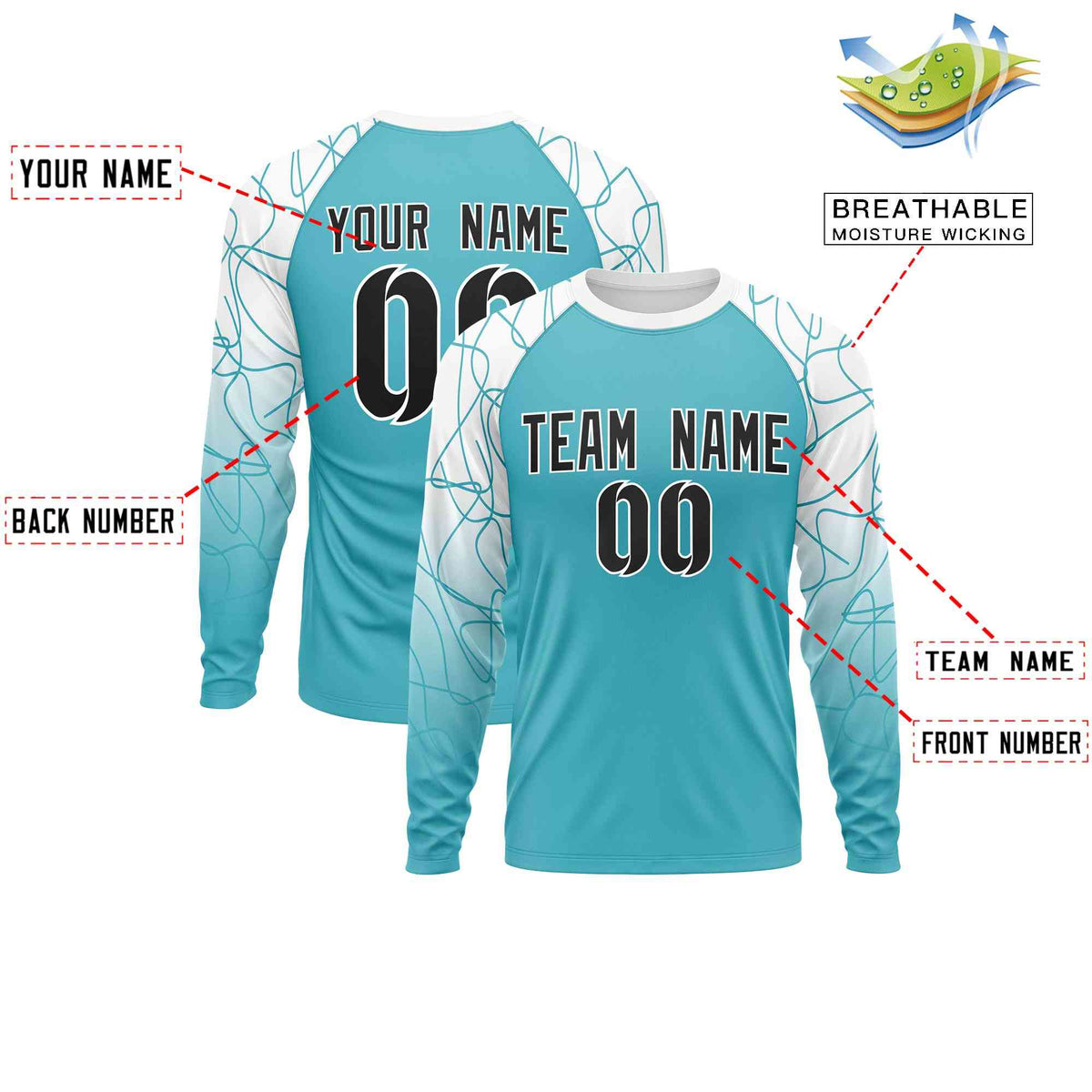 Custom Sky Blue White Tangled Lines Pattern Raglan Long Sleeve Performance T-Shirt