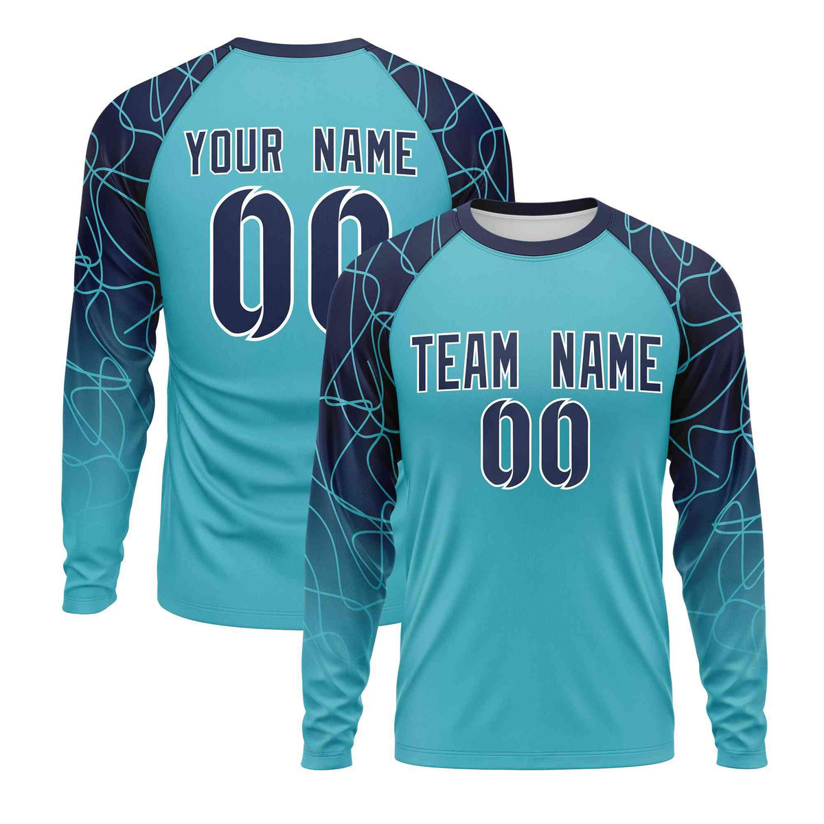 Custom Sky Blue Navy Tangled Lines Pattern Raglan Long Sleeve Performance T-Shirt