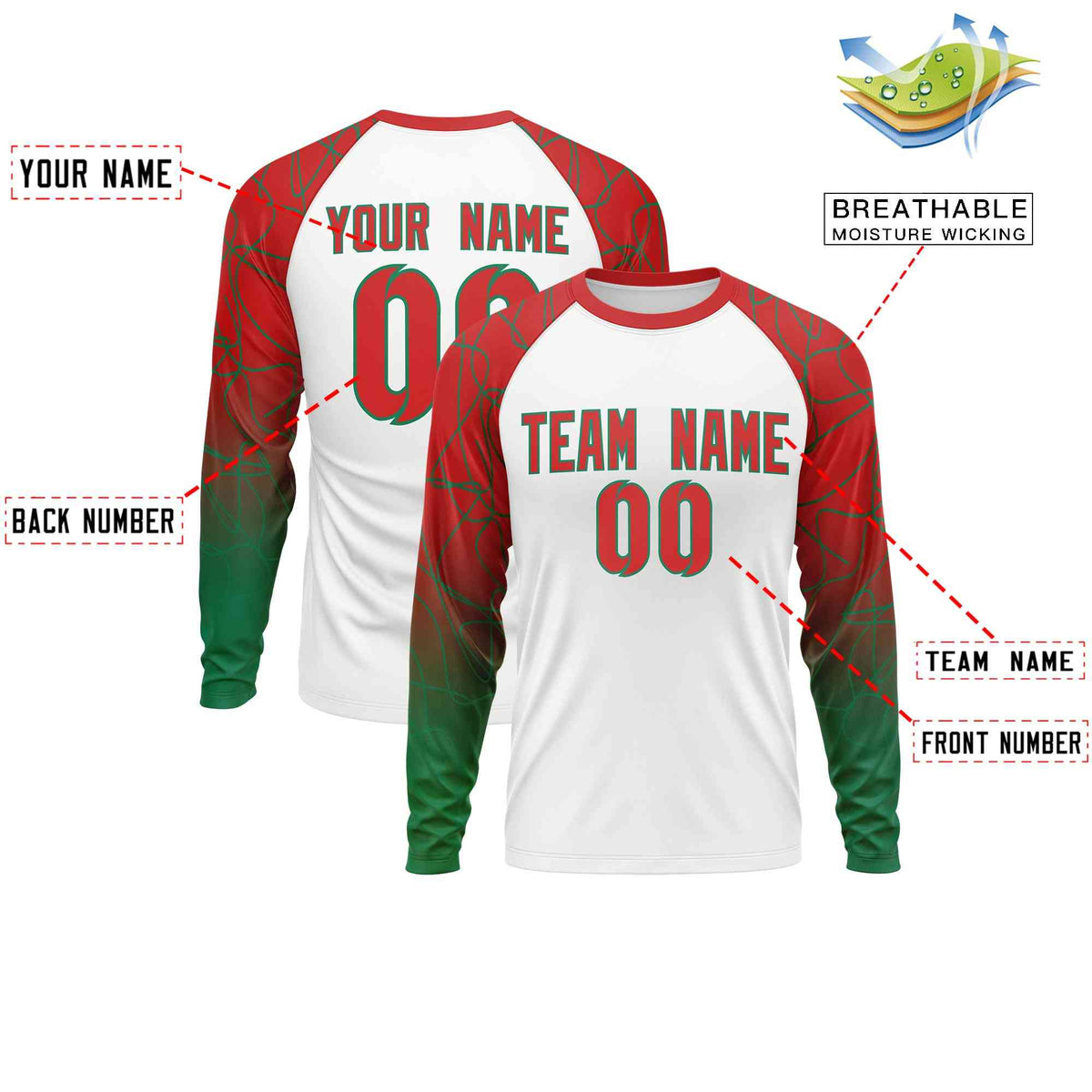 Custom White Red Tangled Lines Pattern Raglan Long Sleeve Performance T-Shirt