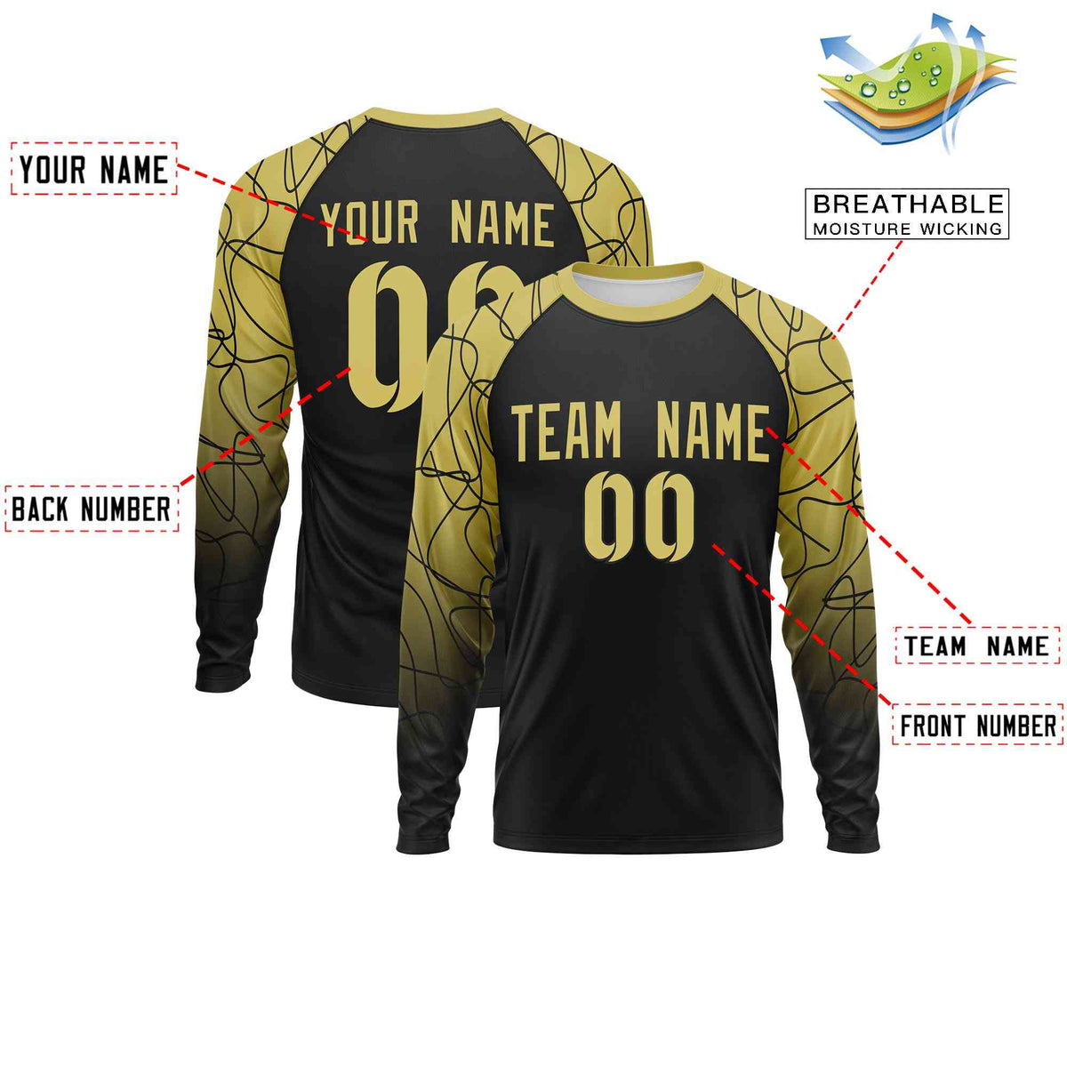 Custom Black Old Gold Tangled Lines Pattern Raglan Long Sleeve Performance T-Shirt