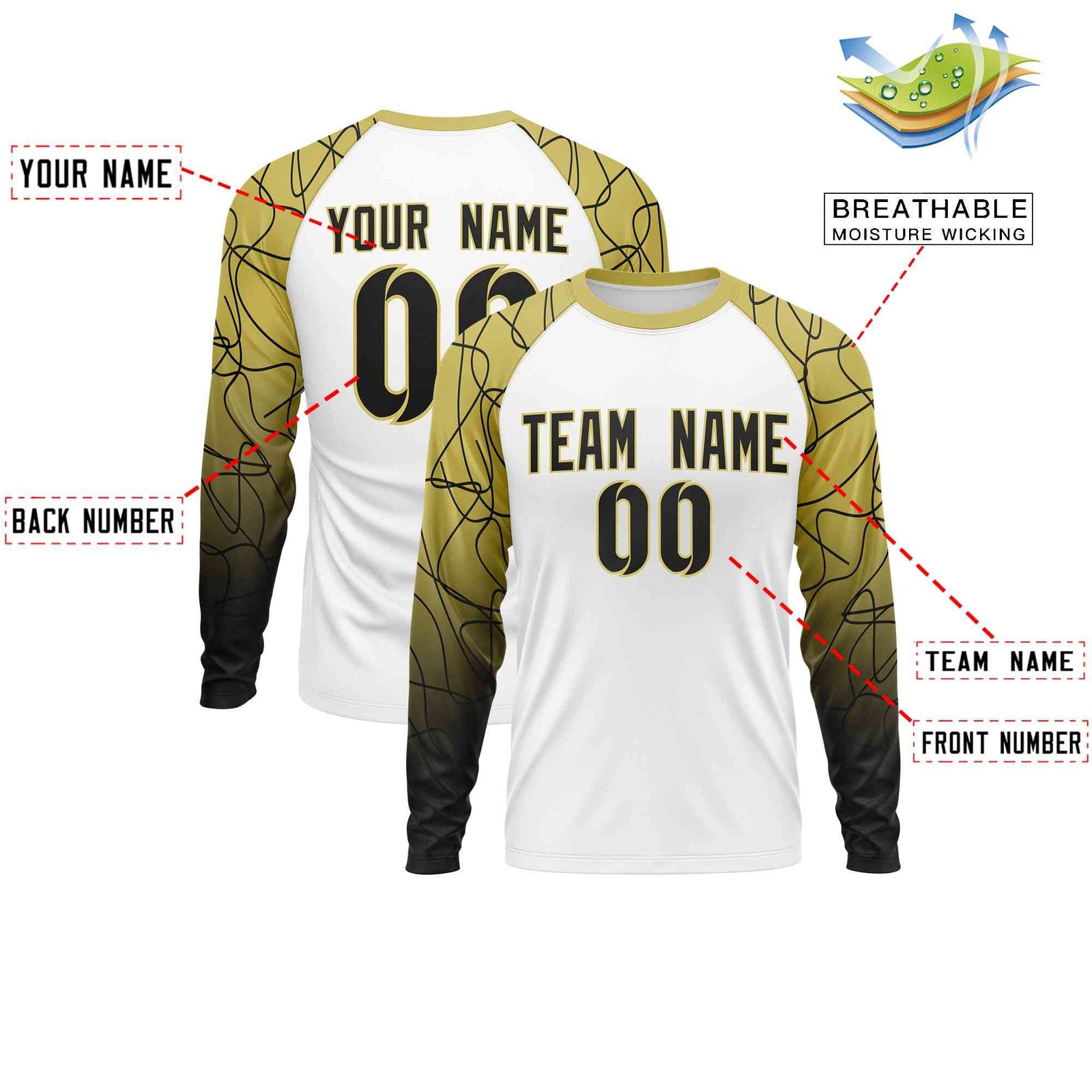 Custom White Old Gold Tangled Lines Pattern Raglan Long Sleeve Performance T-Shirt