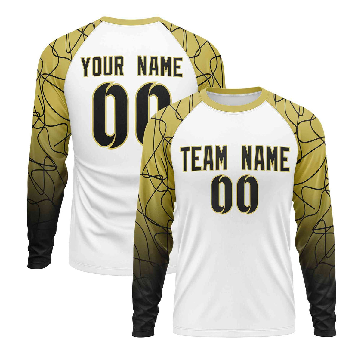 Custom White Old Gold Tangled Lines Pattern Raglan Long Sleeve Performance T-Shirt