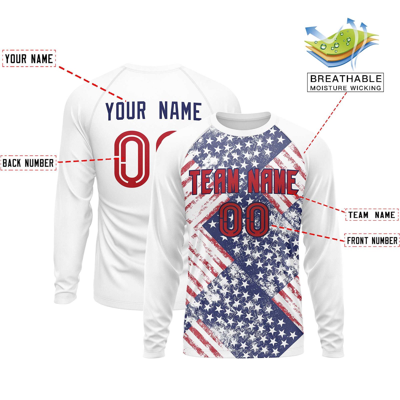 Custom White Royal-Red Personalized American Flag Design Long Sleeve Performance T-shirt