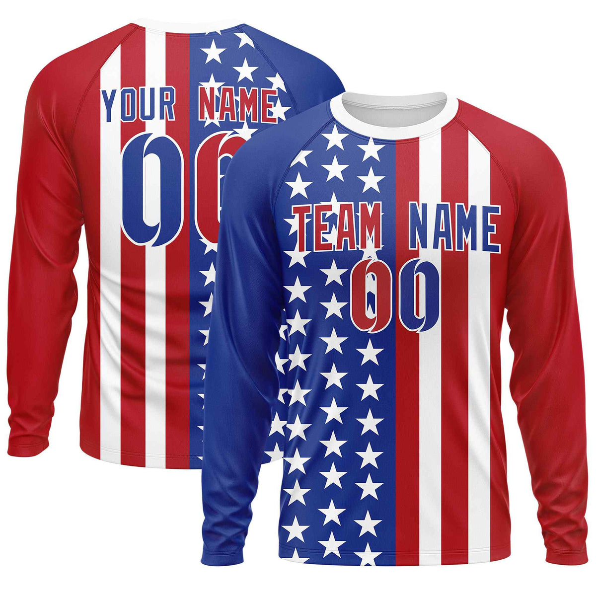 Custom Royal Red Personalized American Flag Design Long Sleeve Performance T-shirt