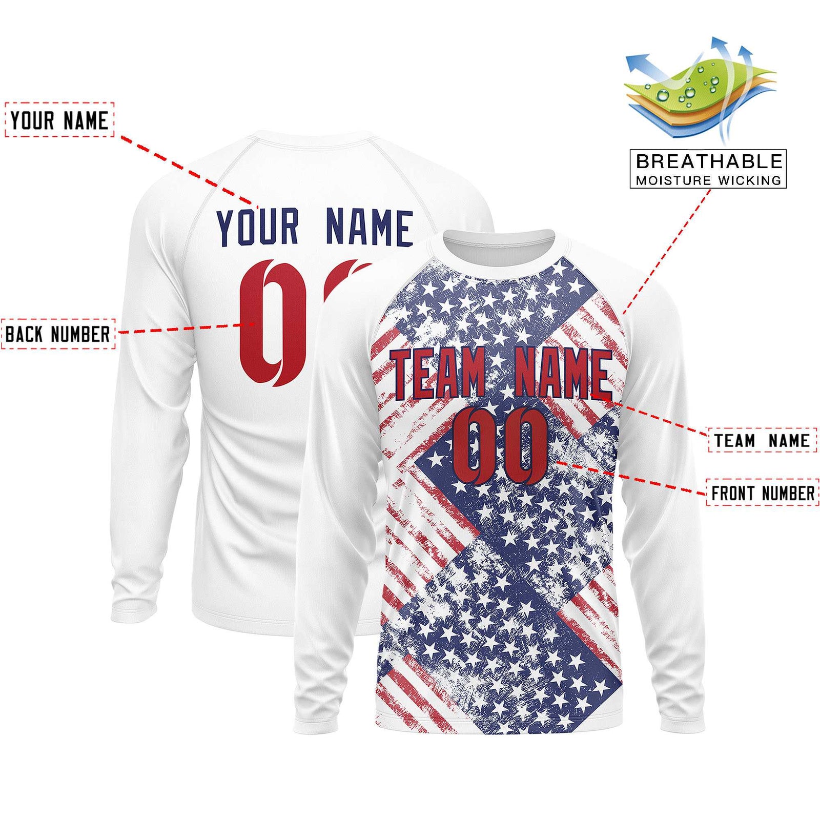 Custom White Royal-Red Personalized American Flag Design Long Sleeve Performance T-shirt