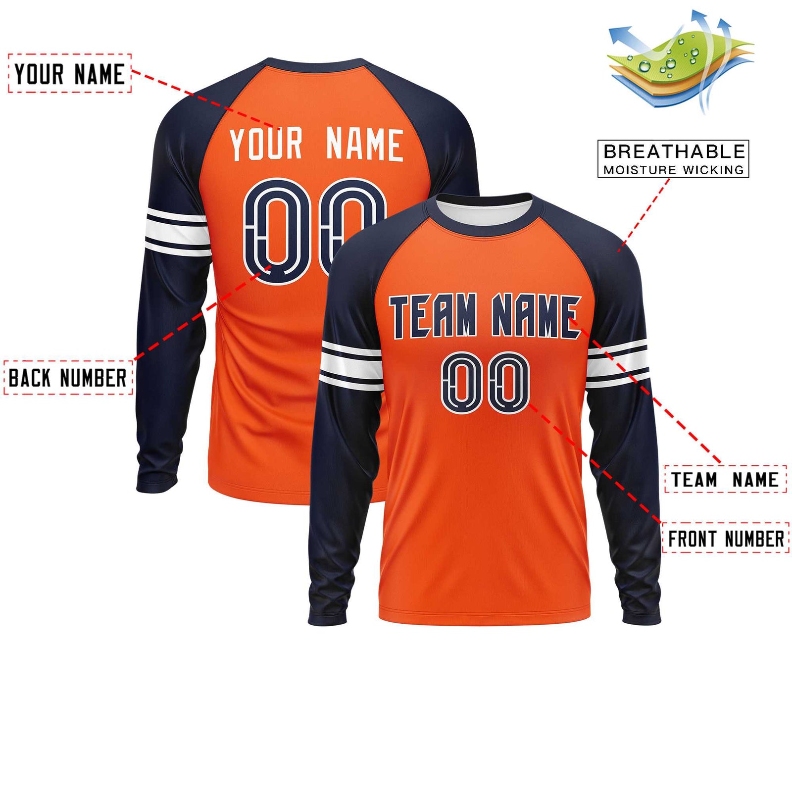 Custom Orange Navy White Crew Neck Personalized Raglan Long Sleeve Performance T-shirt