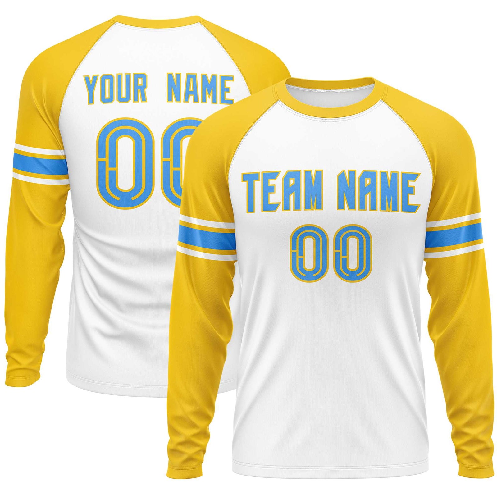 Custom White Gold Powder Blue Crew Neck Personalized Raglan Long Sleeve Performance T-shirt