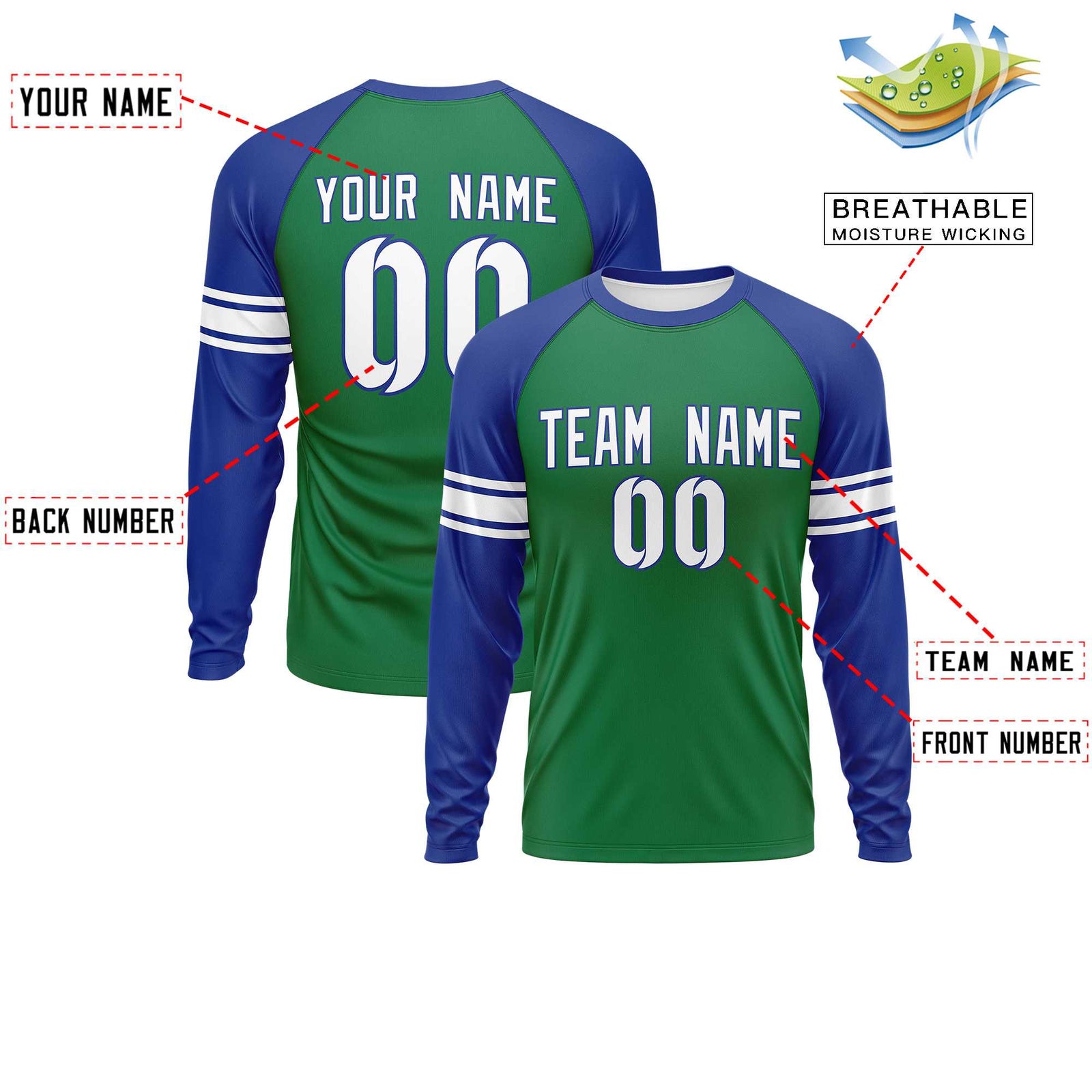 Custom Kelly Green Royal White Crew Neck Personalized Raglan Long Sleeve Performance T-shirt