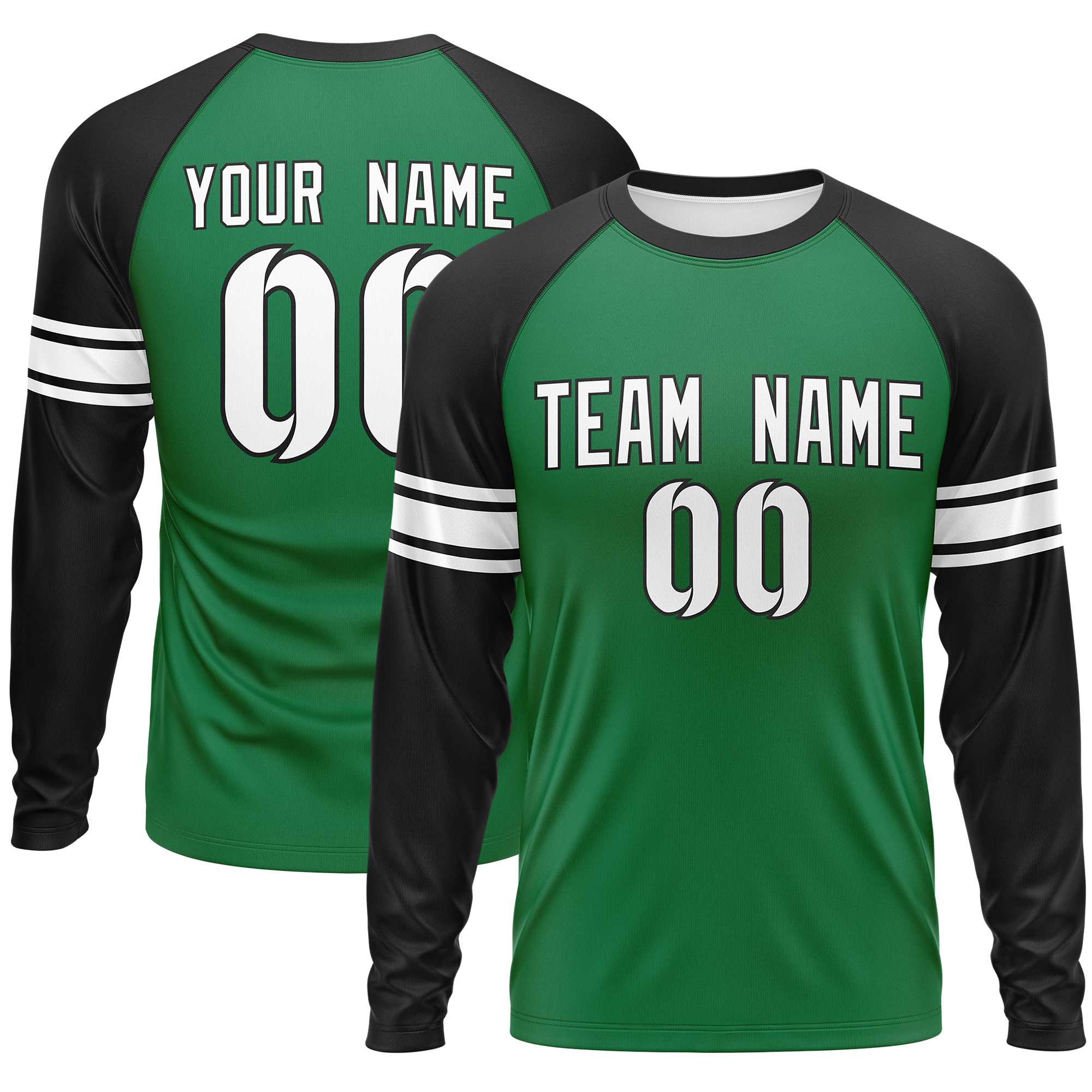 Custom Kelly Green Black White Crew Neck Personalized Raglan Long Sleeve Performance T-shirt