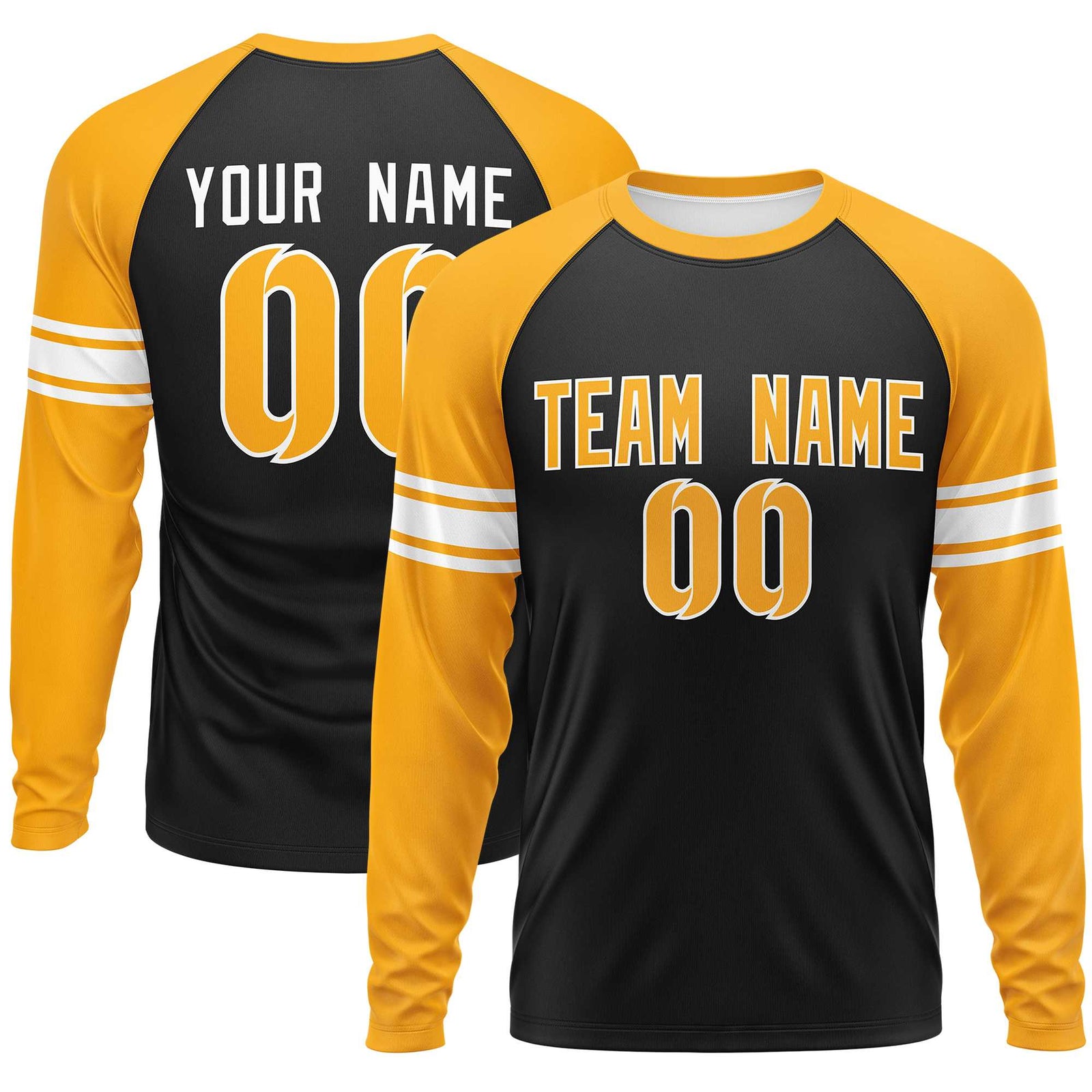 Custom Black Yellow White Crew Neck Personalized Raglan Long Sleeve Performance T-shirt