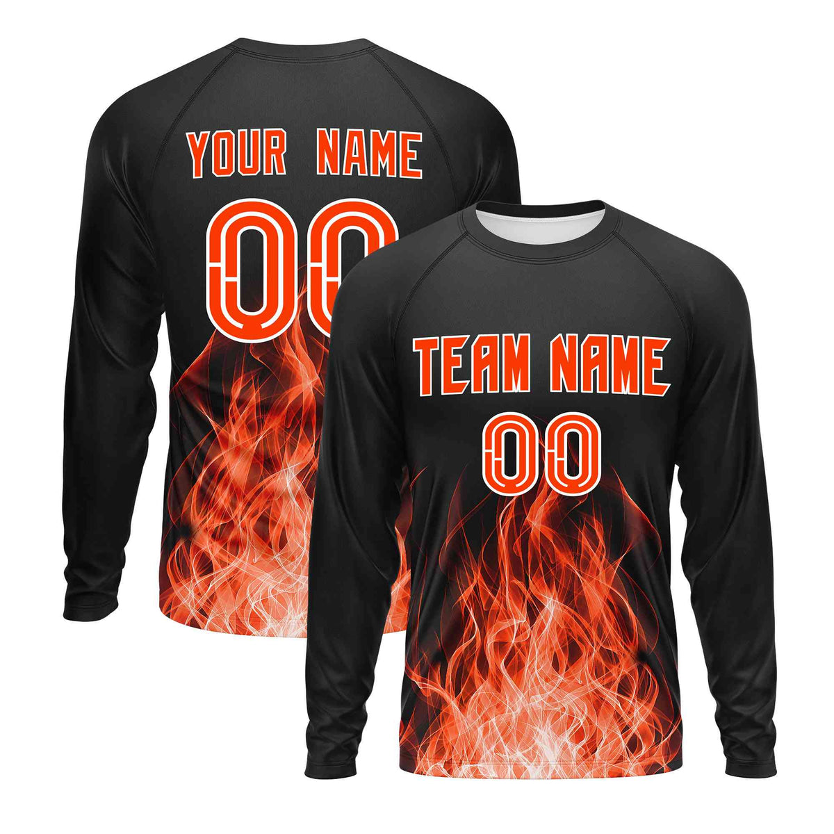 Custom Black Orange Colorful Flame Pattern Long Sleeve Performance T-Shirt