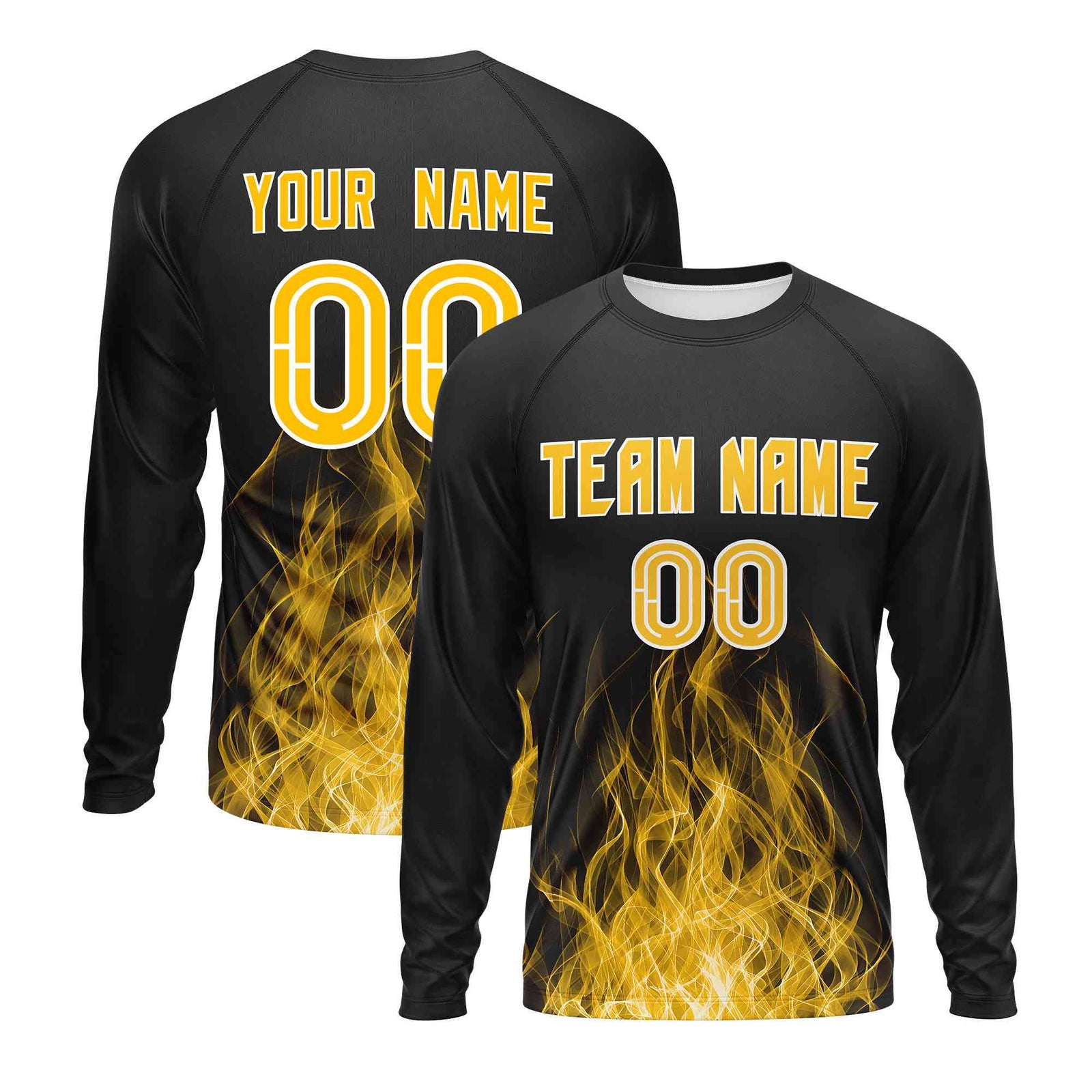 Custom Black Yellow Colorful Flame Pattern Long Sleeve Performance T-Shirt