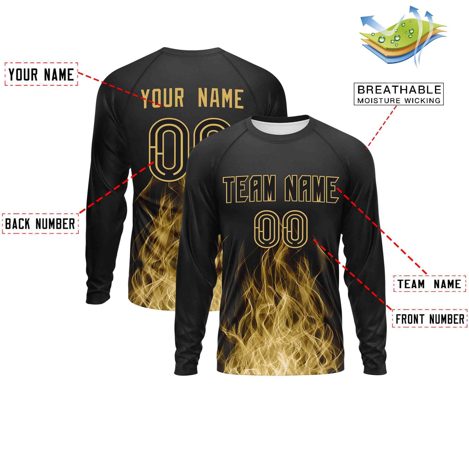 Custom Black Khaki Colorful Flame Pattern Long Sleeve Performance T-Shirt