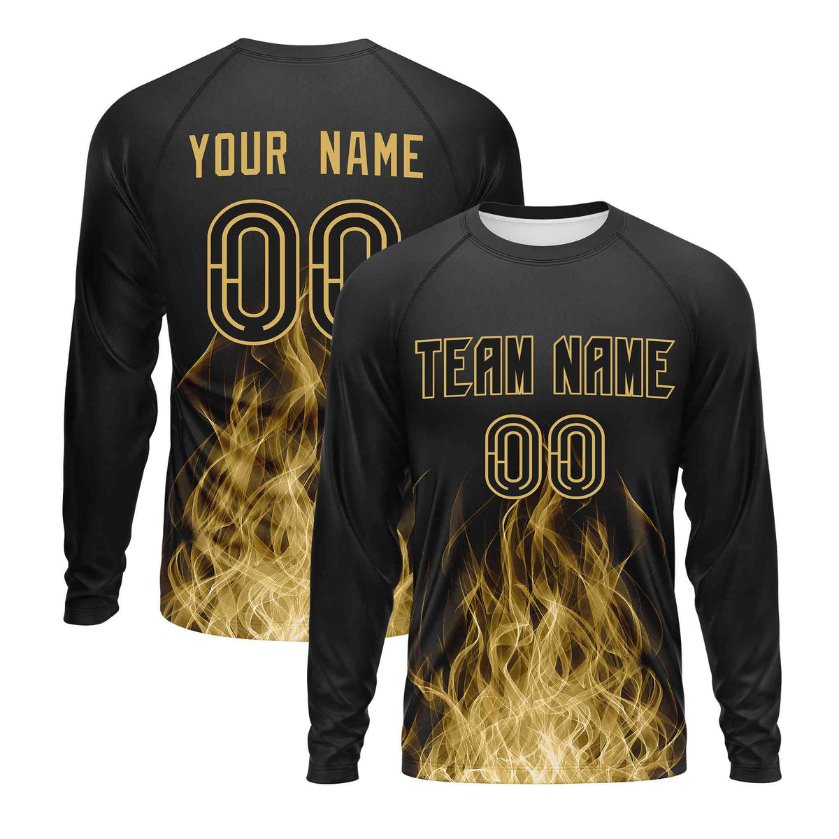 Custom Black Khaki Colorful Flame Pattern Long Sleeve Performance T-Shirt