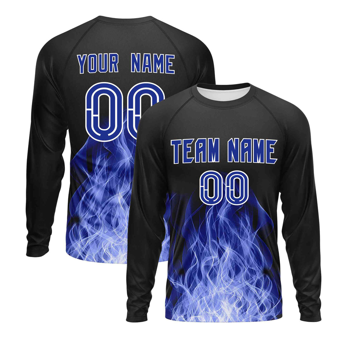 Custom Black Royal Blue Colorful Flame Pattern Long Sleeve Performance T-Shirt