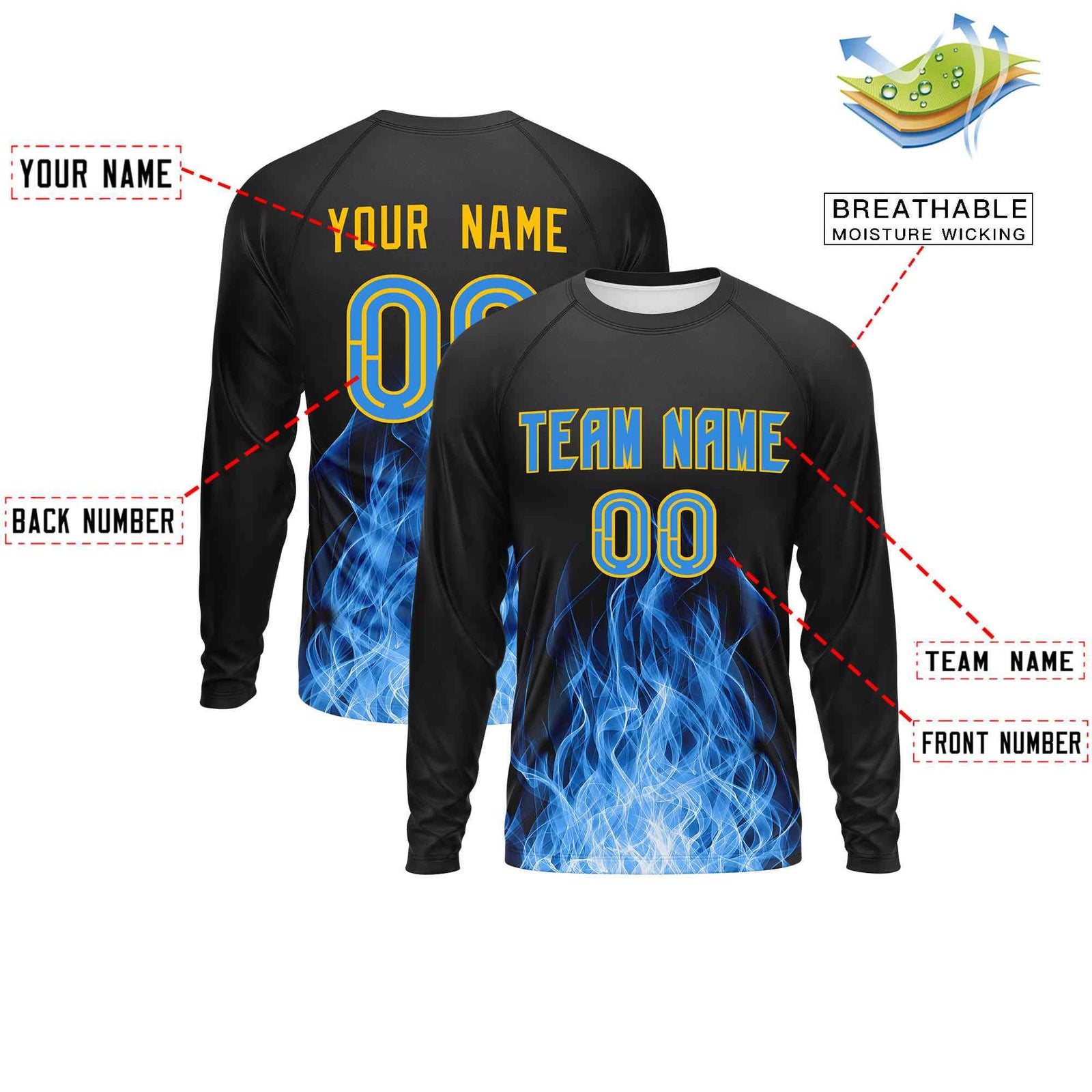 Custom Black Light Blue Colorful Flame Pattern Long Sleeve Performance T-Shirt