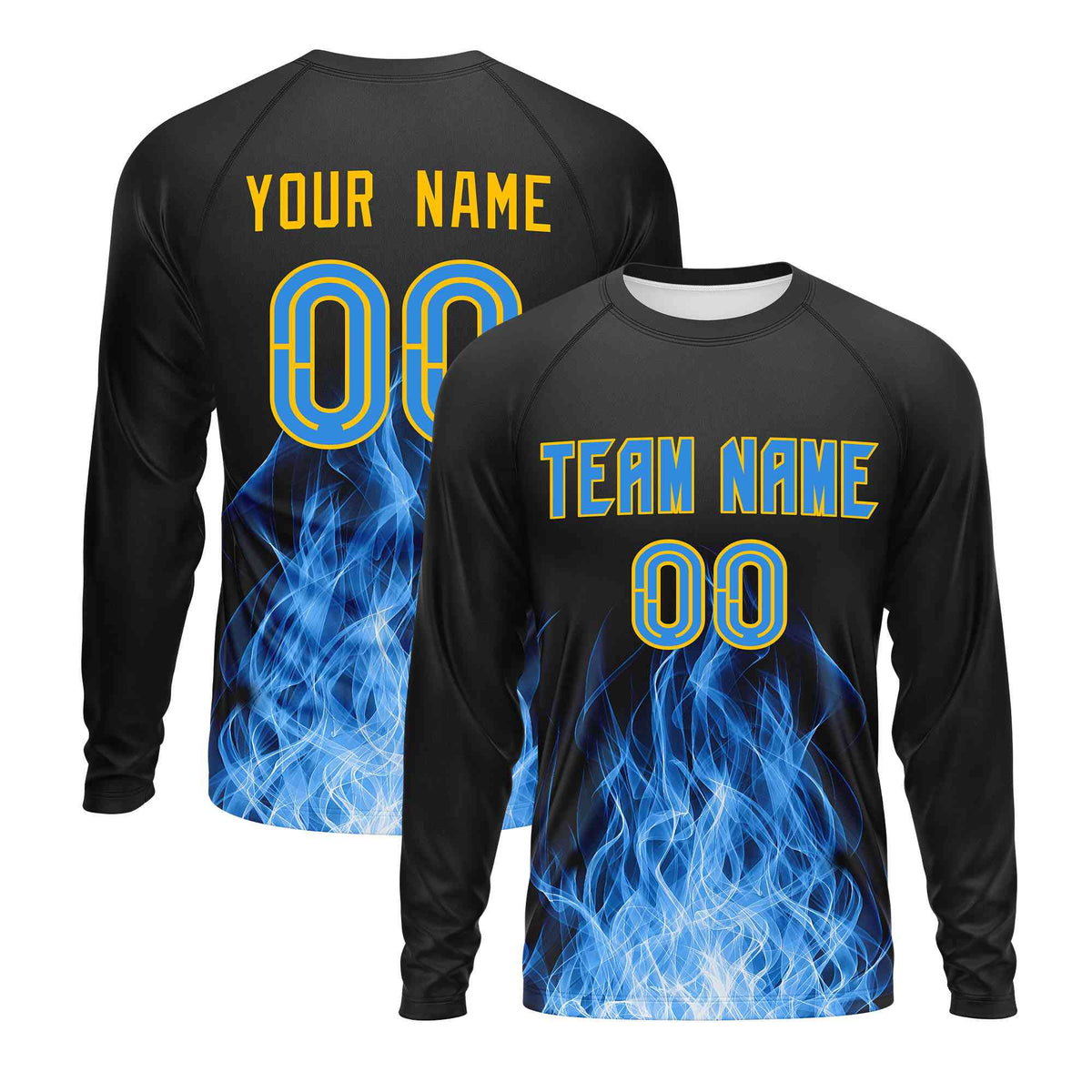 Custom Black Light Blue Colorful Flame Pattern Long Sleeve Performance T-Shirt