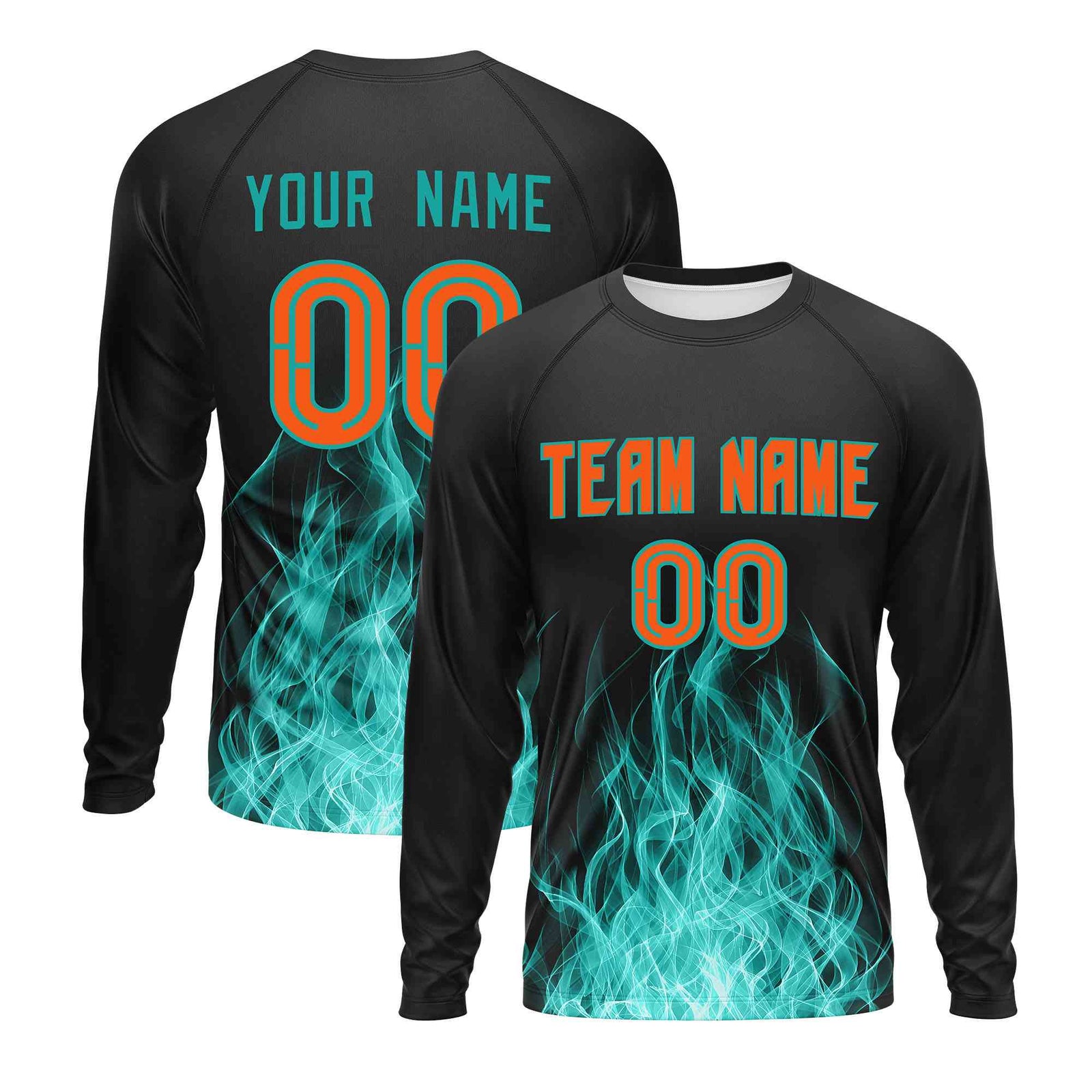 Custom Black Aqua Colorful Flame Pattern Long Sleeve Performance T-Shirt