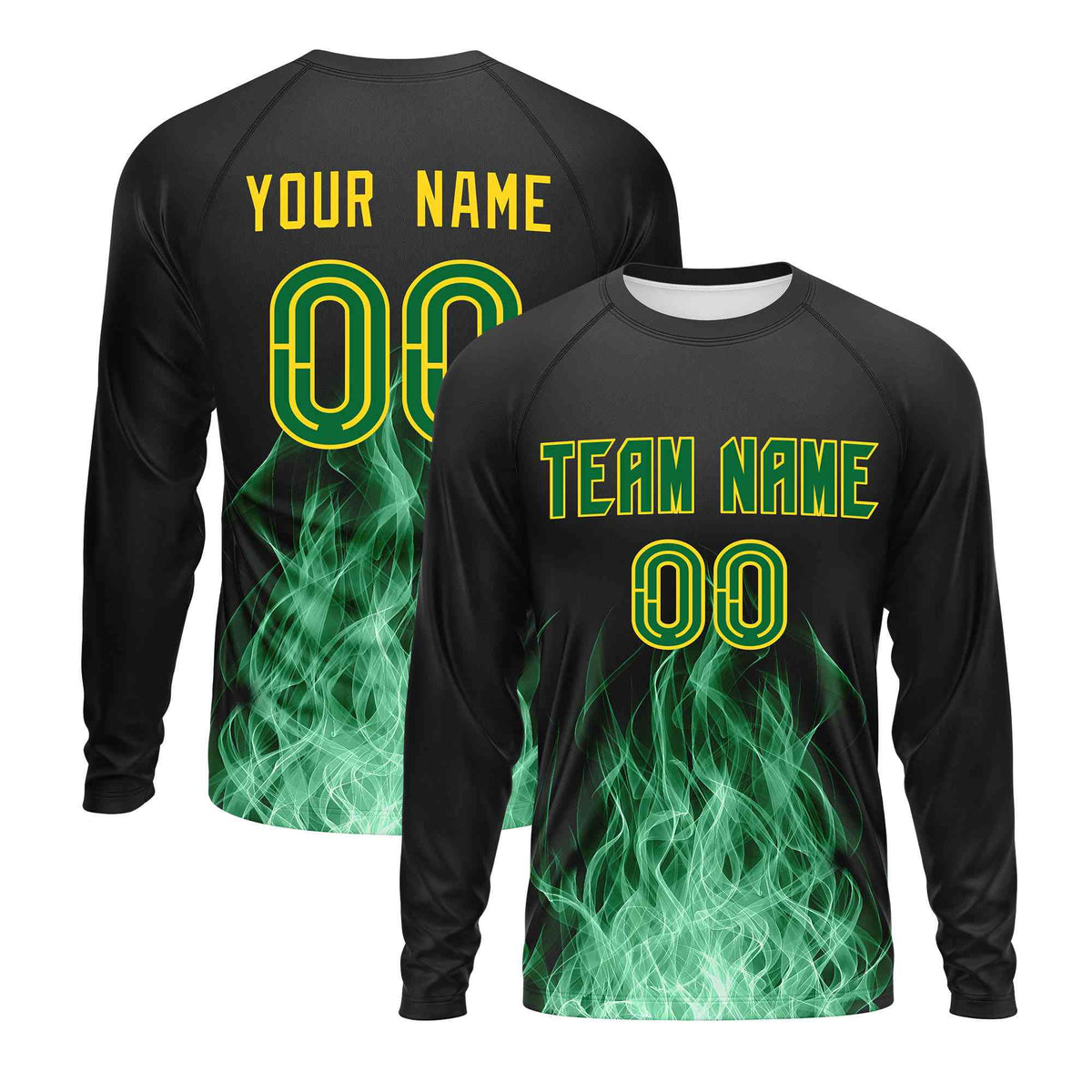 Custom Black Kelly Green Colorful Flame Pattern Long Sleeve Performance T-Shirt