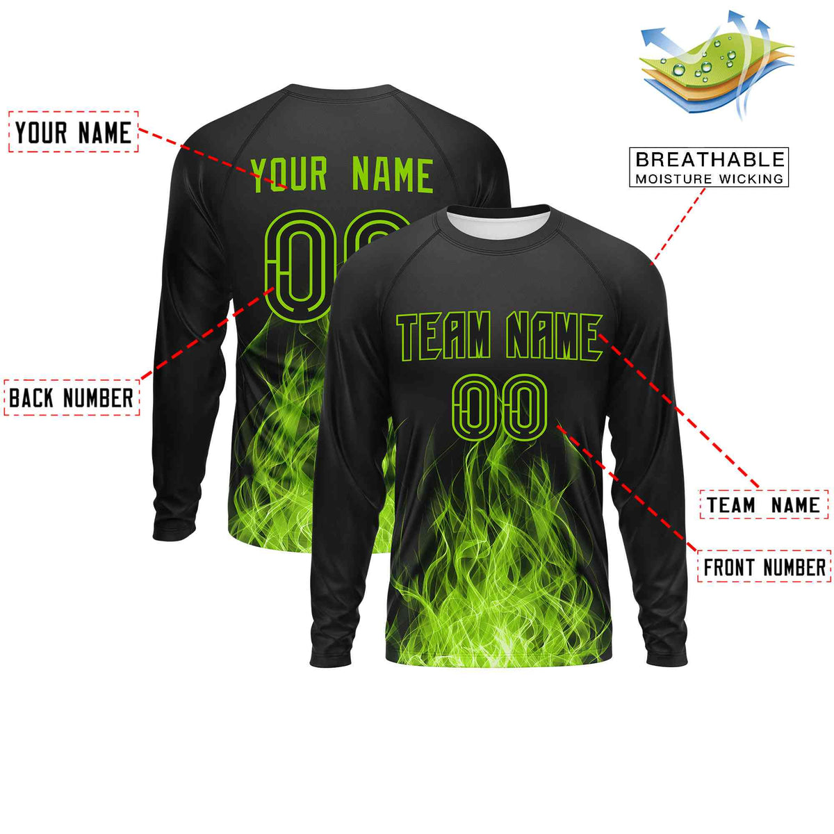 Custom Black Neon Green Colorful Flame Pattern Long Sleeve Performance T-Shirt