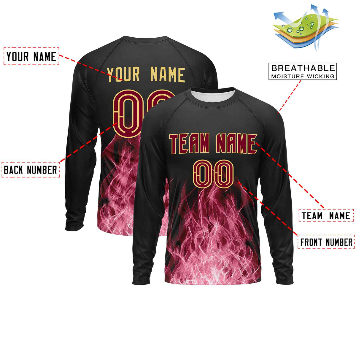 Custom Black Crimson Colorful Flame Pattern Long Sleeve Performance T-Shirt