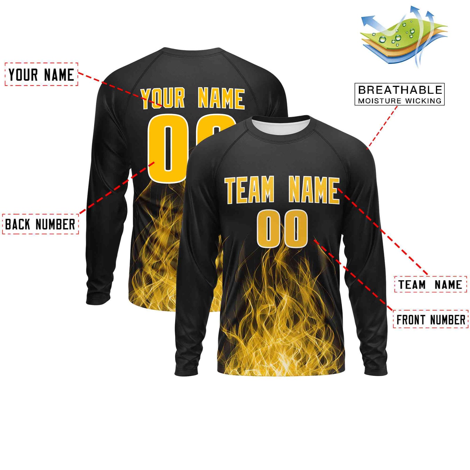 Custom Black Yellow Colorful Flame Pattern Long Sleeve Performance T-Shirt| KXKSHOP
