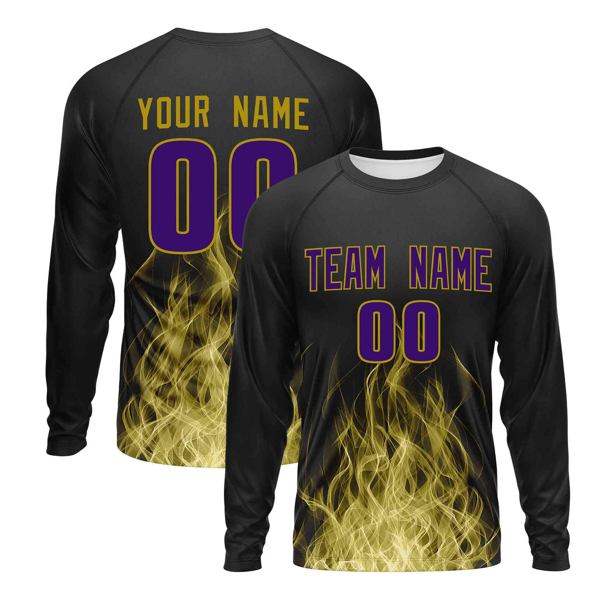 Custom Black Old Gold Colorful Flame Pattern Long Sleeve Performance T-Shirt| KXKSHOP