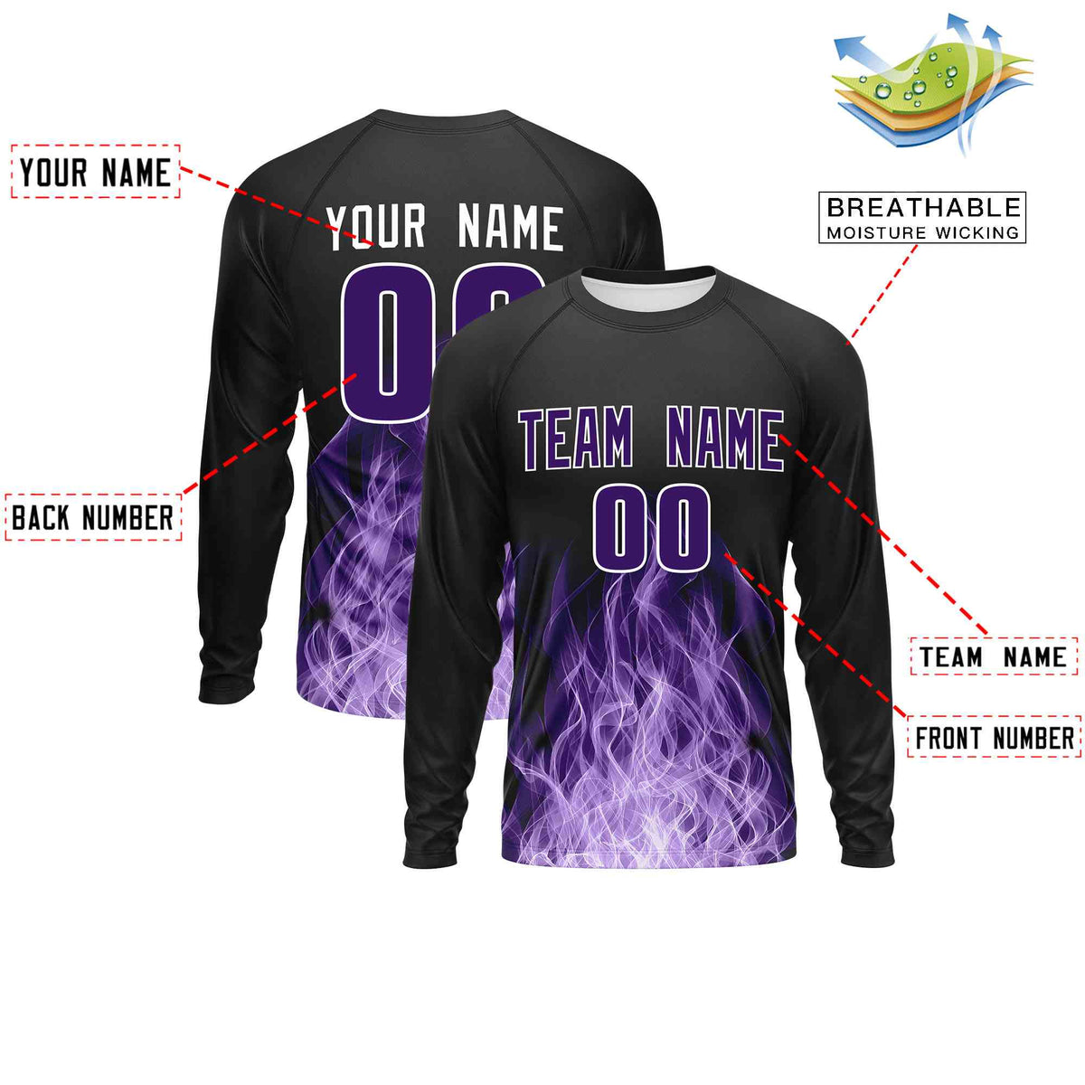 Custom Black Purple Colorful Flame Pattern Long Sleeve Performance T-Shirt| KXKSHOP