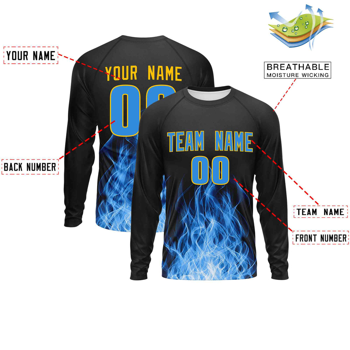 Custom Black Light Blue Colorful Flame Pattern Long Sleeve Performance T-Shirt| KXKSHOP