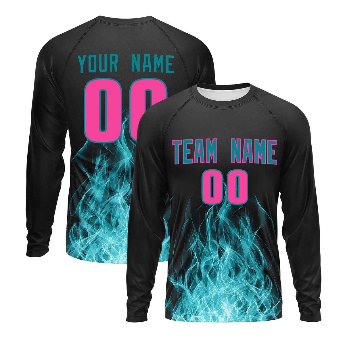 Custom Black Teal Colorful Flame Pattern Long Sleeve Performance T-Shirt| KXKSHOP