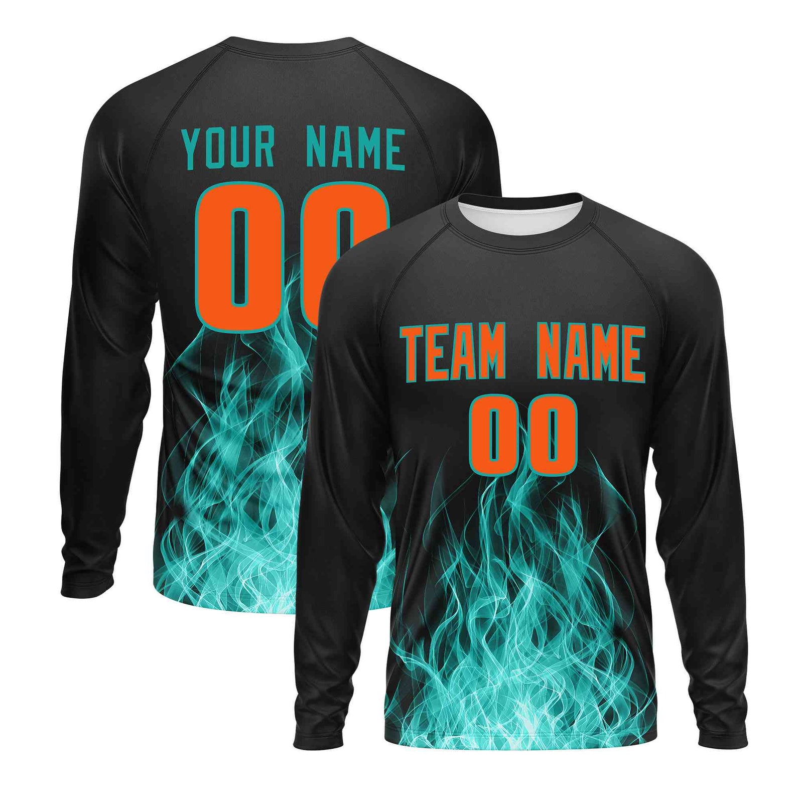 Custom Black Aqua Colorful Flame Pattern Long Sleeve Performance T-Shirt| KXKSHOP