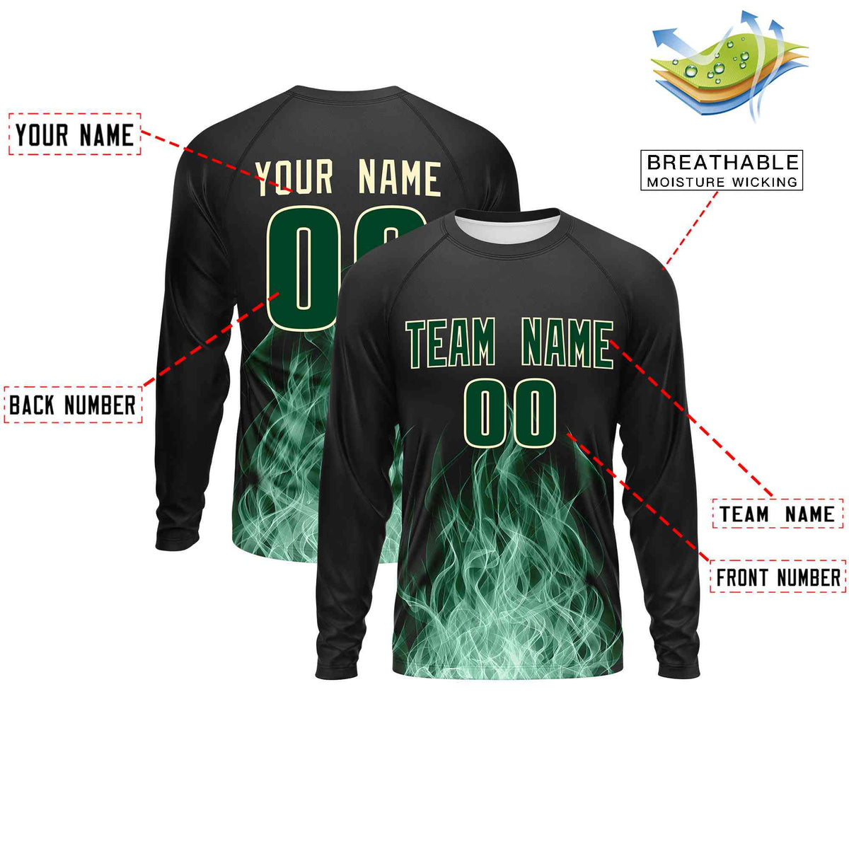 Custom Black Green Colorful Flame Pattern Long Sleeve Performance T-Shirt| KXKSHOP