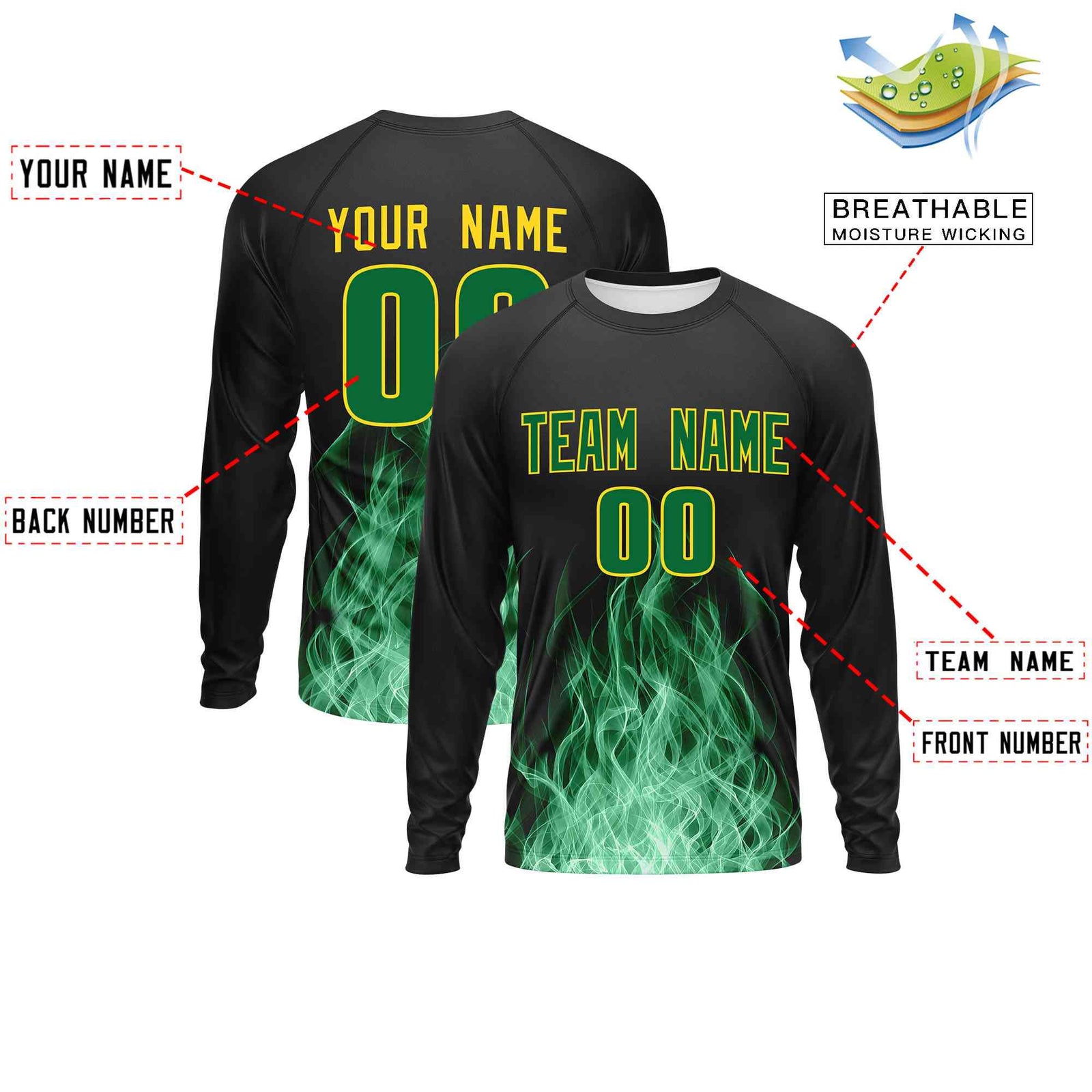 Custom Black Kelly Green Colorful Flame Pattern Long Sleeve Performance T-Shirt| KXKSHOP