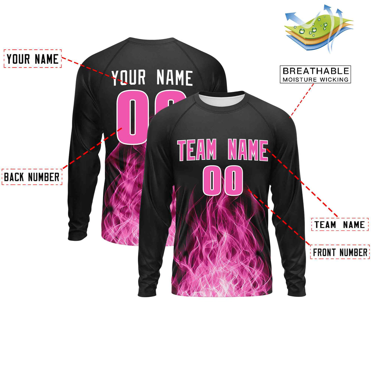 Custom Black Pink Colorful Flame Pattern Long Sleeve Performance T-Shirt| KXKSHOP
