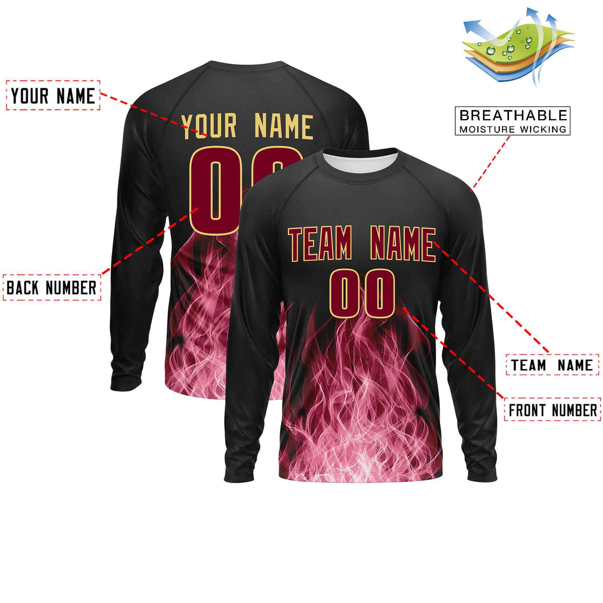 Custom Black Crimson Colorful Flame Pattern Long Sleeve Performance T-Shirt| KXKSHOP