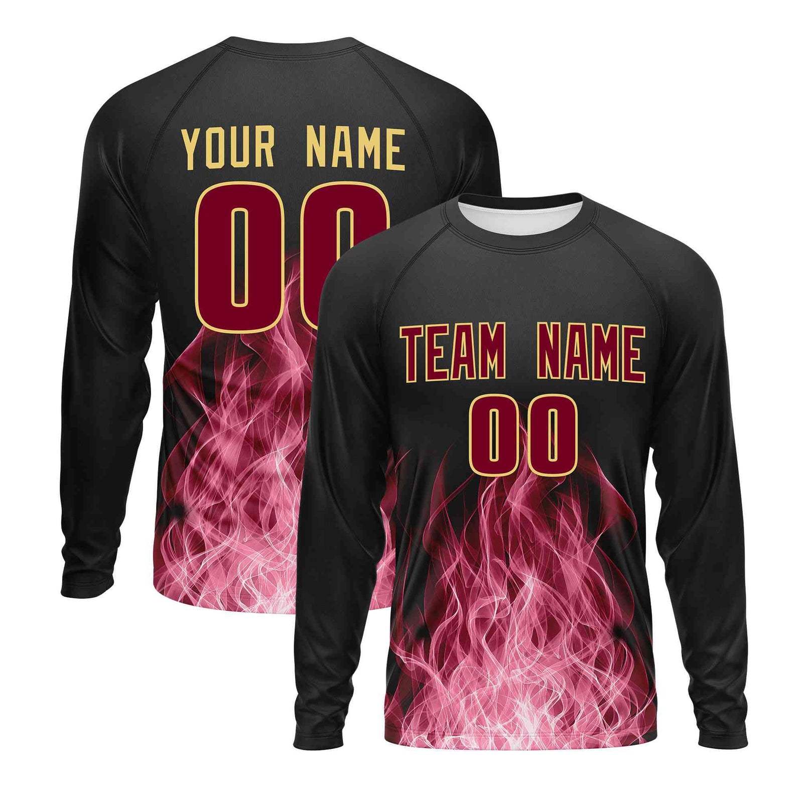Custom Black Crimson Colorful Flame Pattern Long Sleeve Performance T-Shirt| KXKSHOP