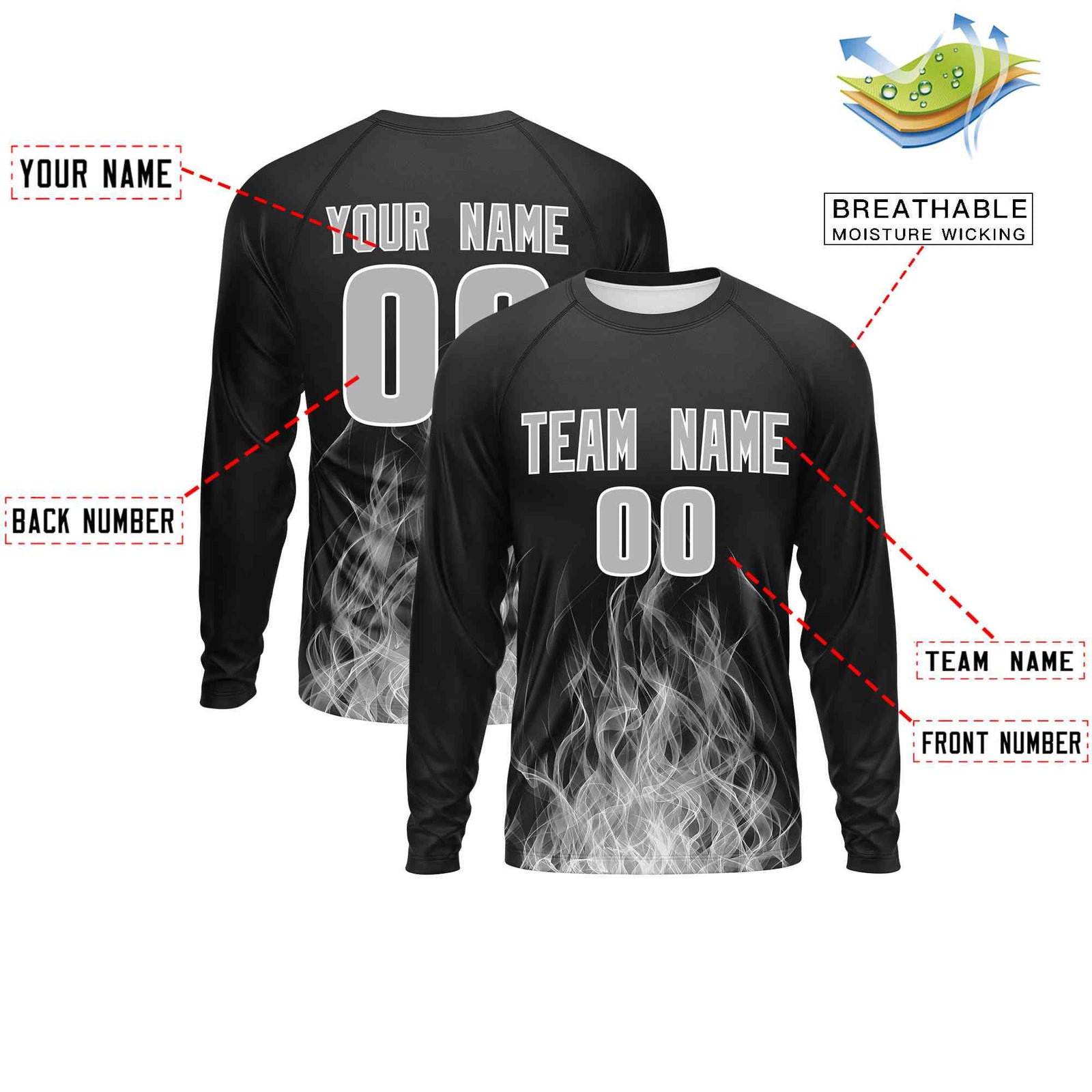 Custom Black Gray Colorful Flame Pattern Long Sleeve Performance T-Shirt| KXKSHOP