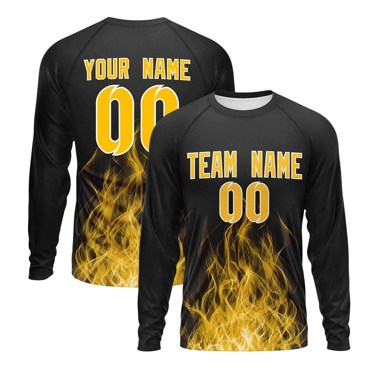Custom Black Yellow Colorful Flame Pattern Long Sleeve Performance T-Shirt