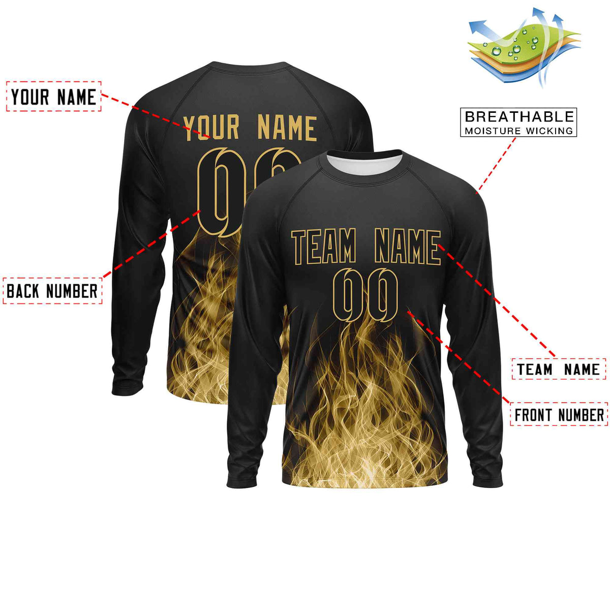 Custom Black Khaki Colorful Flame Pattern Long Sleeve Performance T-Shirt