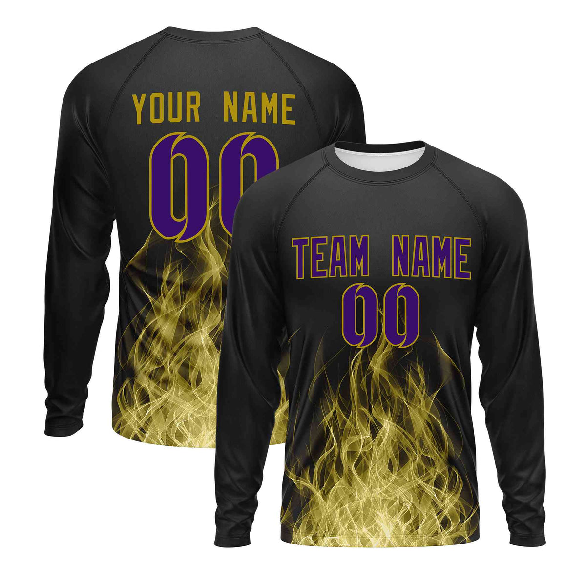 Custom Black Old Gold Colorful Flame Pattern Long Sleeve Performance T-Shirt